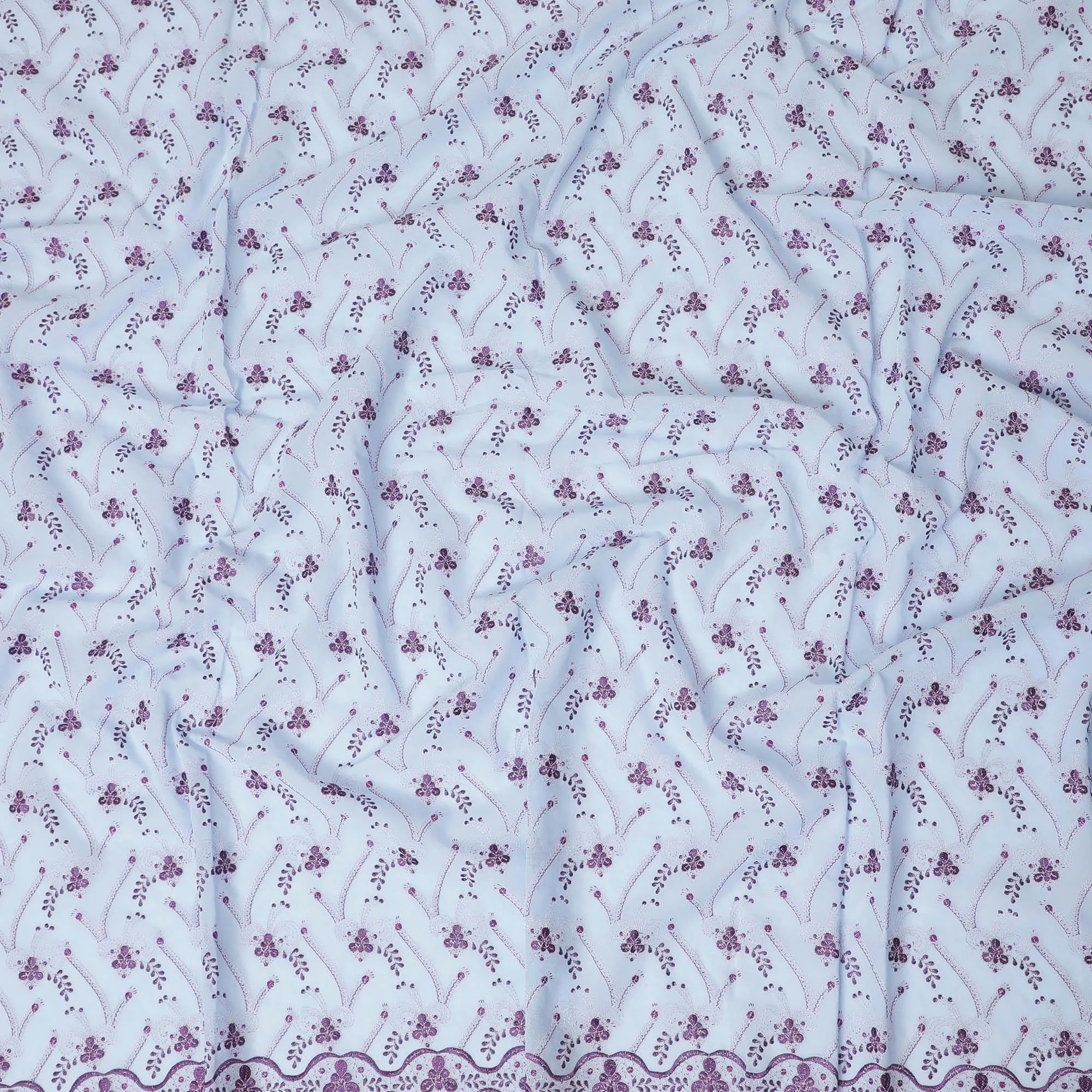 Baby blue Premium 100% Swiss cotton voile (Sudanese Thobe) fabric with purple and silver embrodiery in floral design-D13522