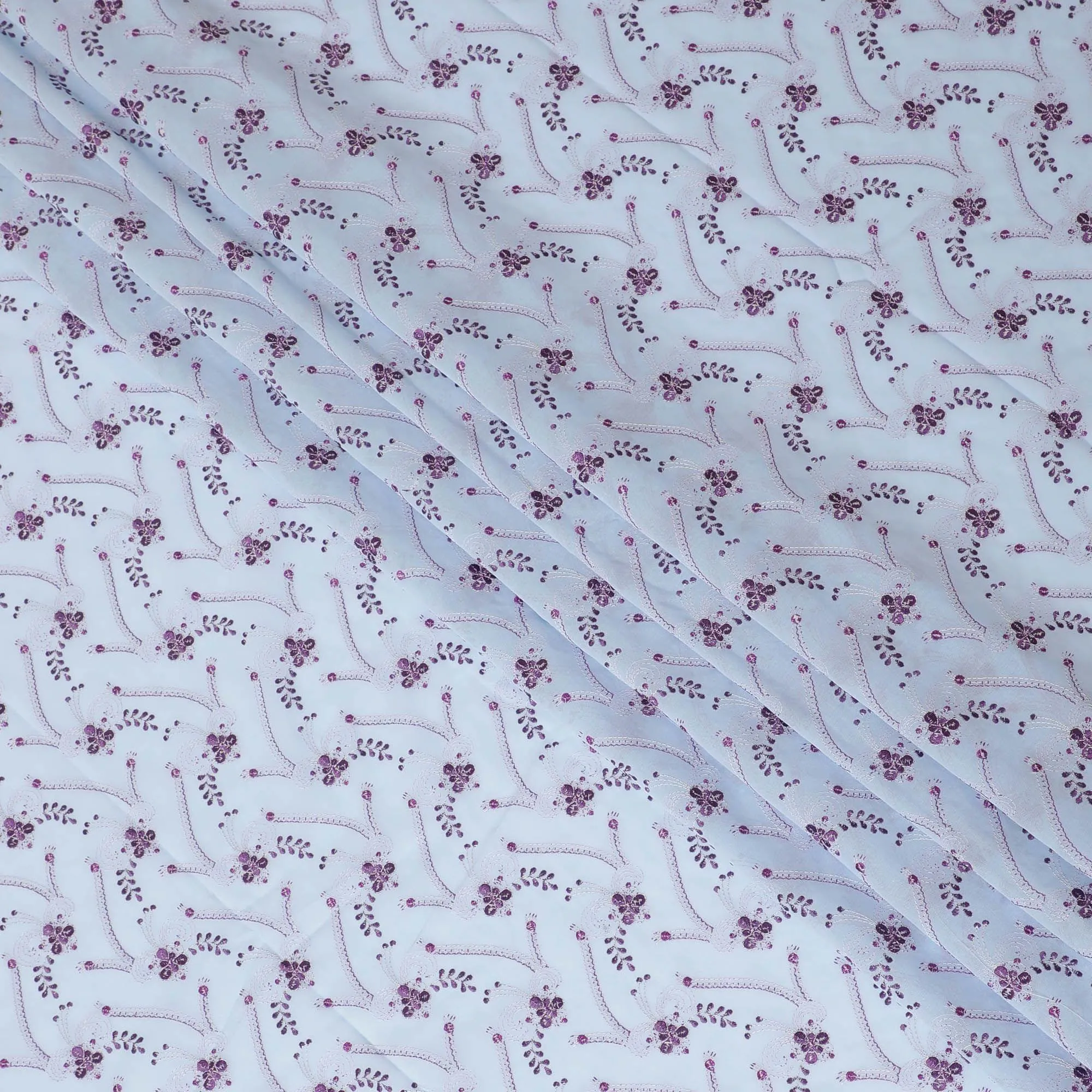 Baby blue Premium 100% Swiss cotton voile (Sudanese Thobe) fabric with purple and silver embrodiery in floral design-D13522