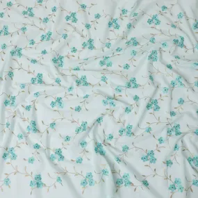 Baby blue Premium cotton voile fabric with same tone and beige embroidery in floral design-D13127