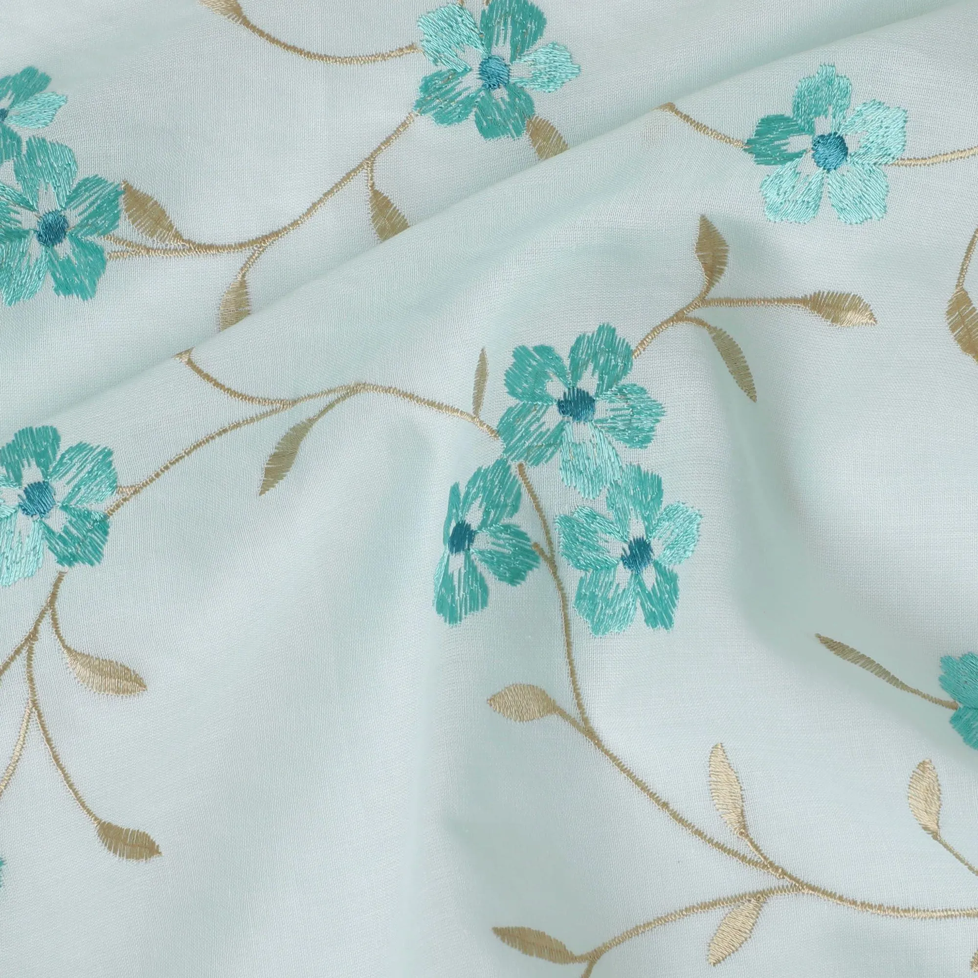 Baby blue Premium cotton voile fabric with same tone and beige embroidery in floral design-D13127