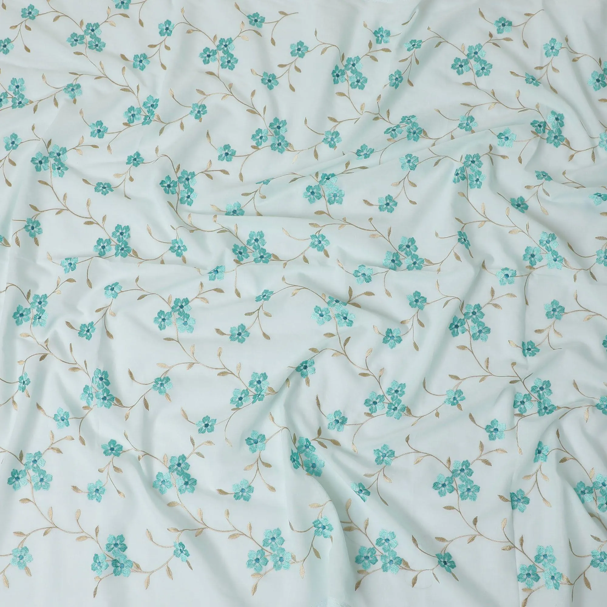 Baby blue Premium cotton voile fabric with same tone and beige embroidery in floral design-D13127