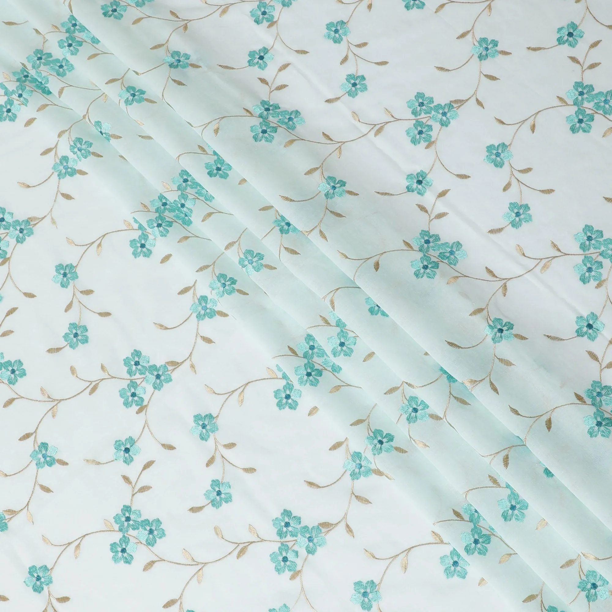 Baby blue Premium cotton voile fabric with same tone and beige embroidery in floral design-D13127