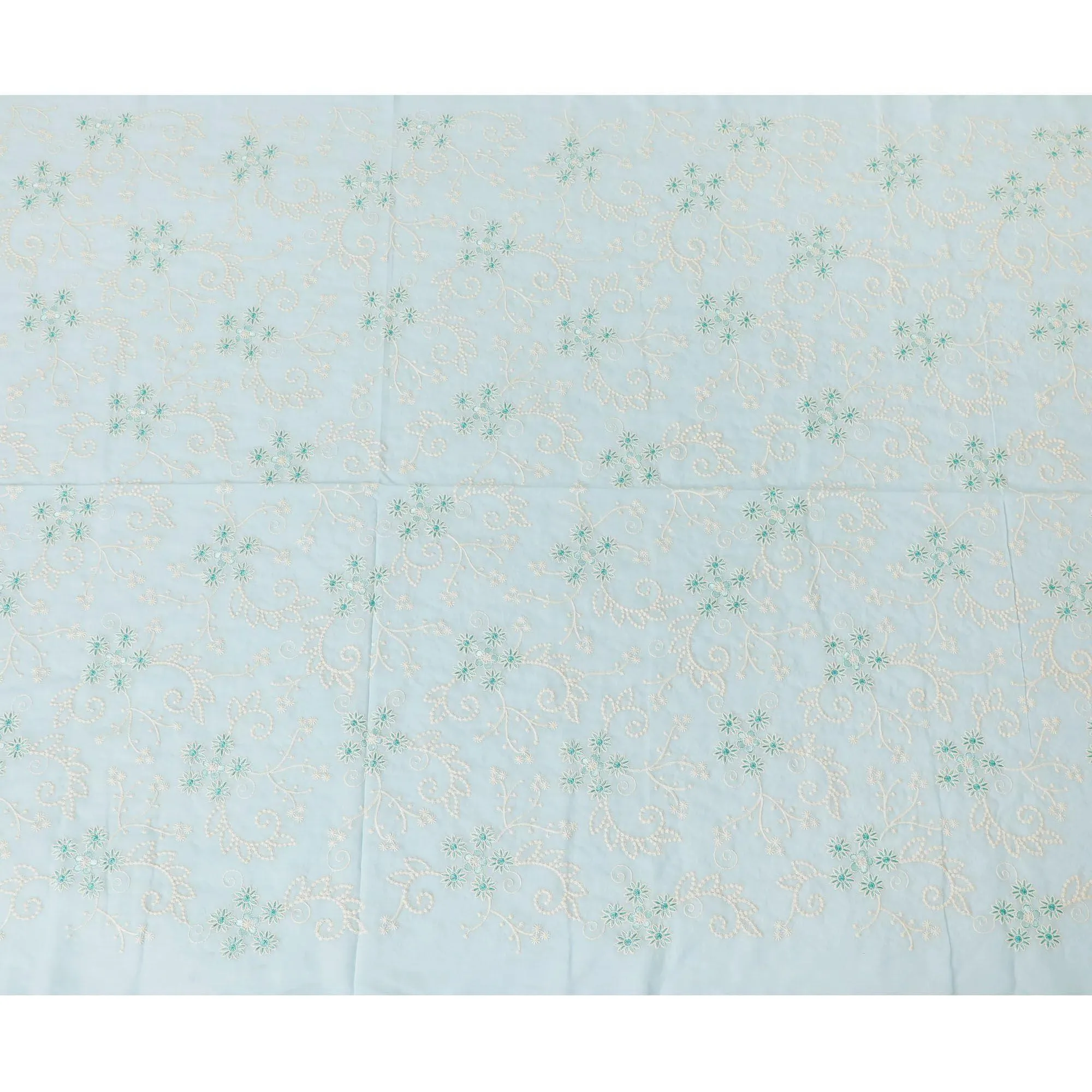 Baby blue premium pure cotton voile fabric with beige and turquoise fabric embroidery in floral design-D13599