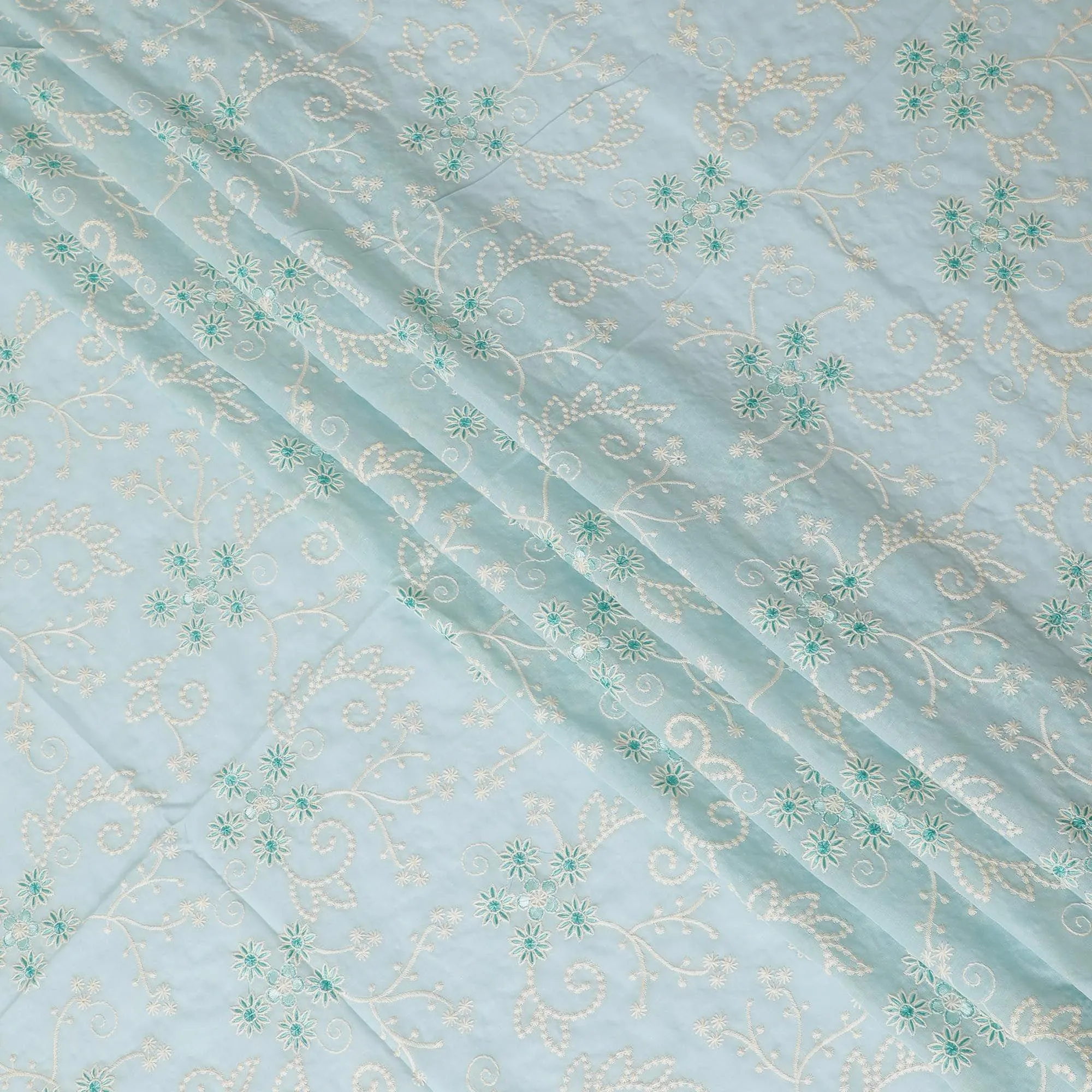 Baby blue premium pure cotton voile fabric with beige and turquoise fabric embroidery in floral design-D13599