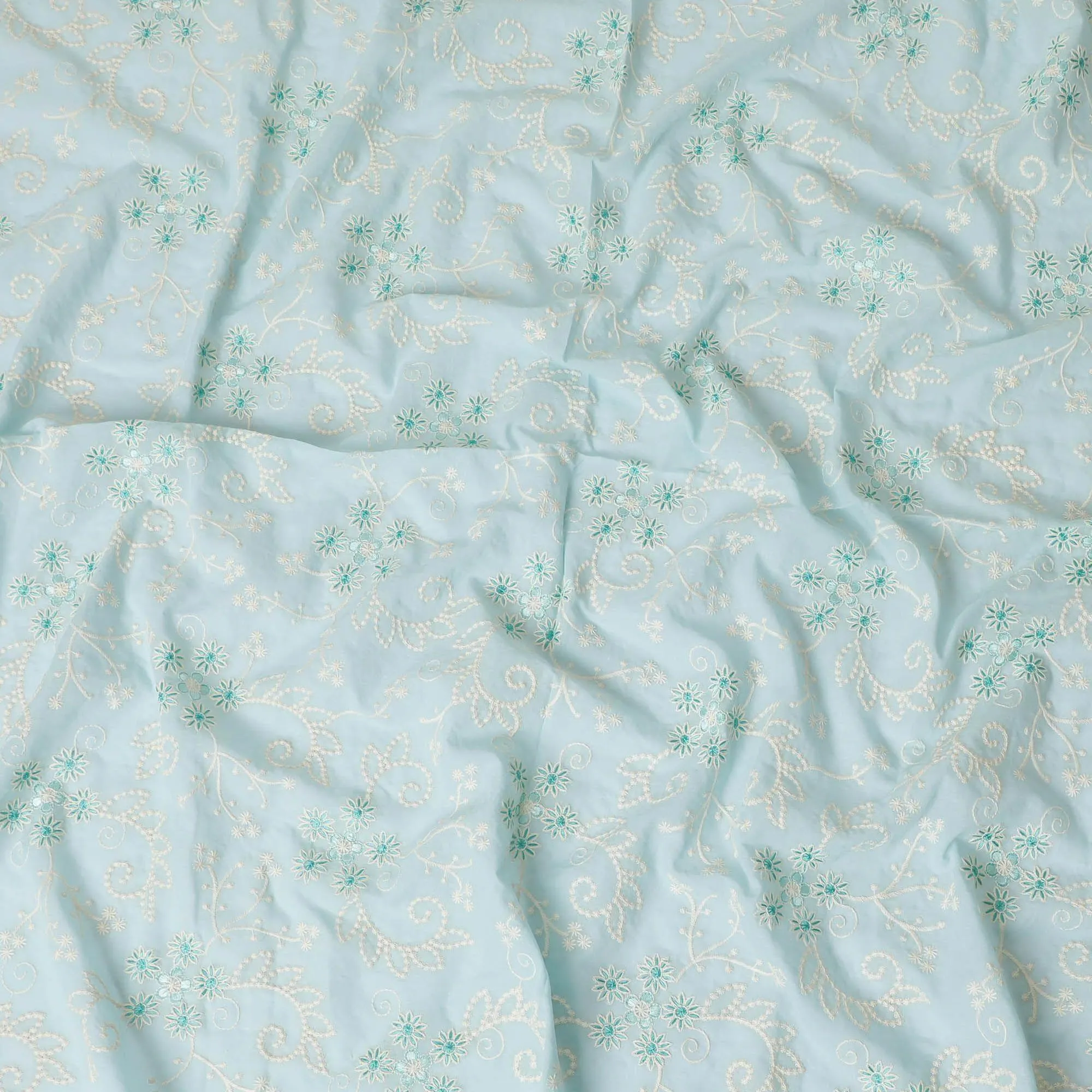 Baby blue premium pure cotton voile fabric with beige and turquoise fabric embroidery in floral design-D13599