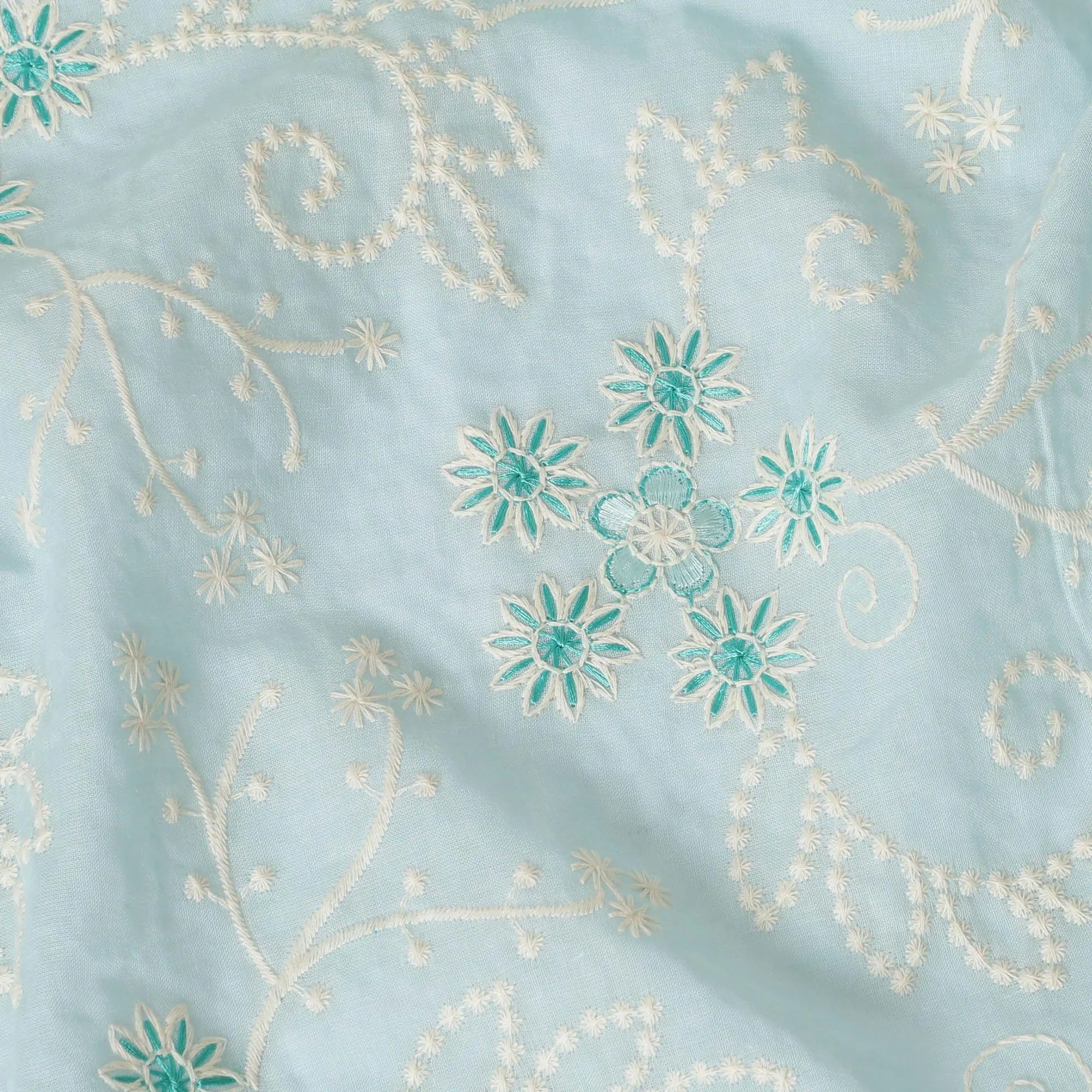 Baby blue premium pure cotton voile fabric with beige and turquoise fabric embroidery in floral design-D13599