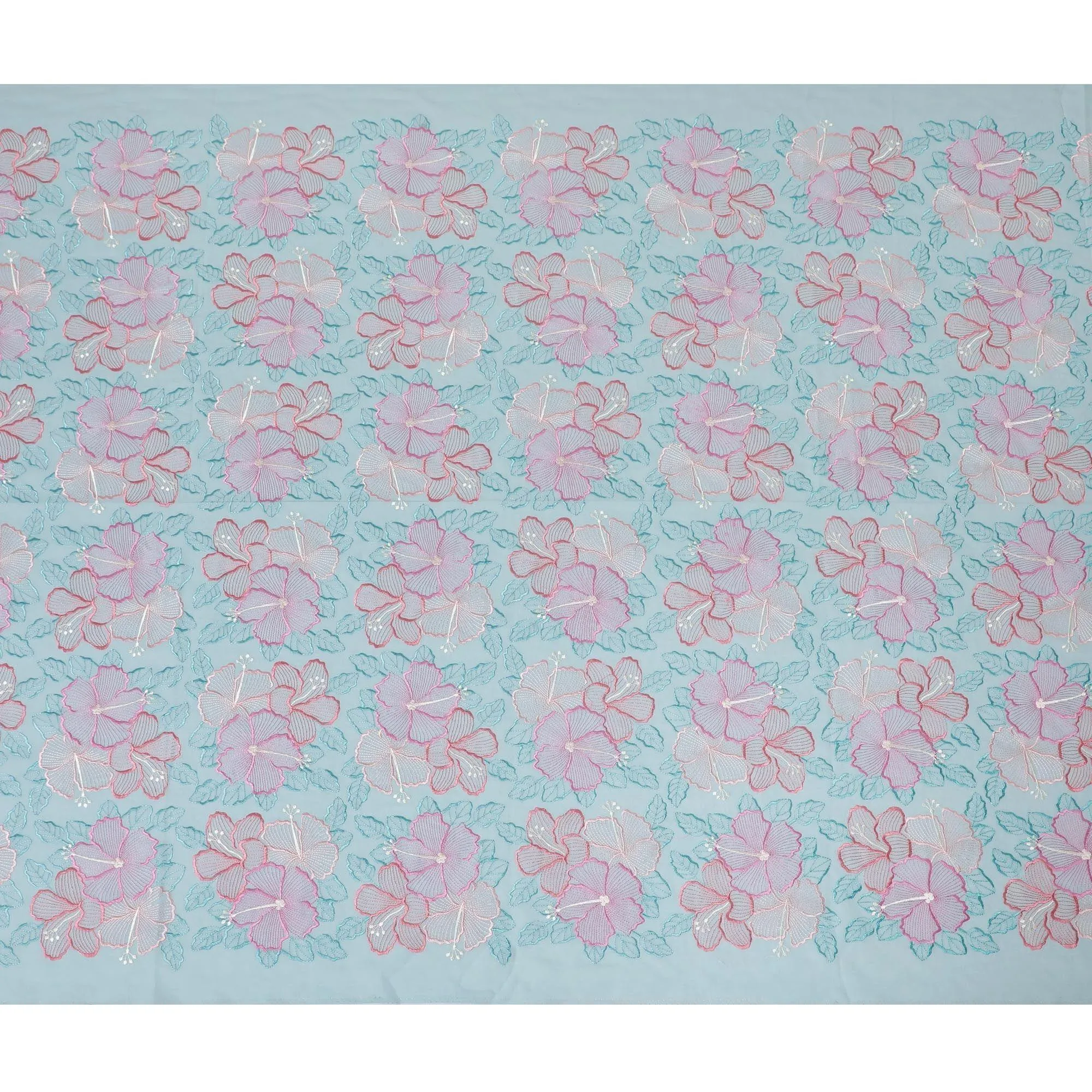 Baby blue Premium pure cotton voile fabric with same tone, beige, salmon pink and peach embroidery in floral design-D15247