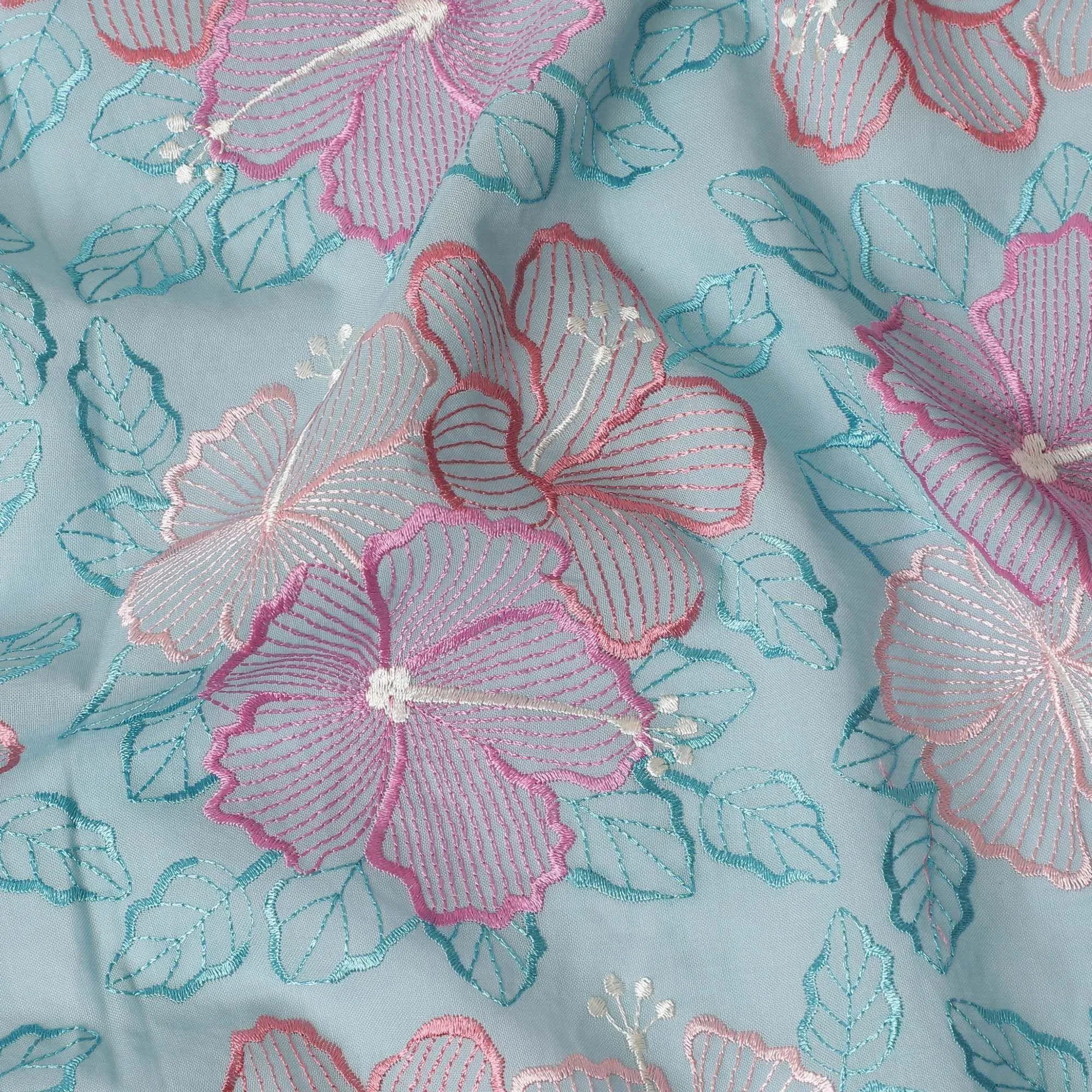 Baby blue Premium pure cotton voile fabric with same tone, beige, salmon pink and peach embroidery in floral design-D15247