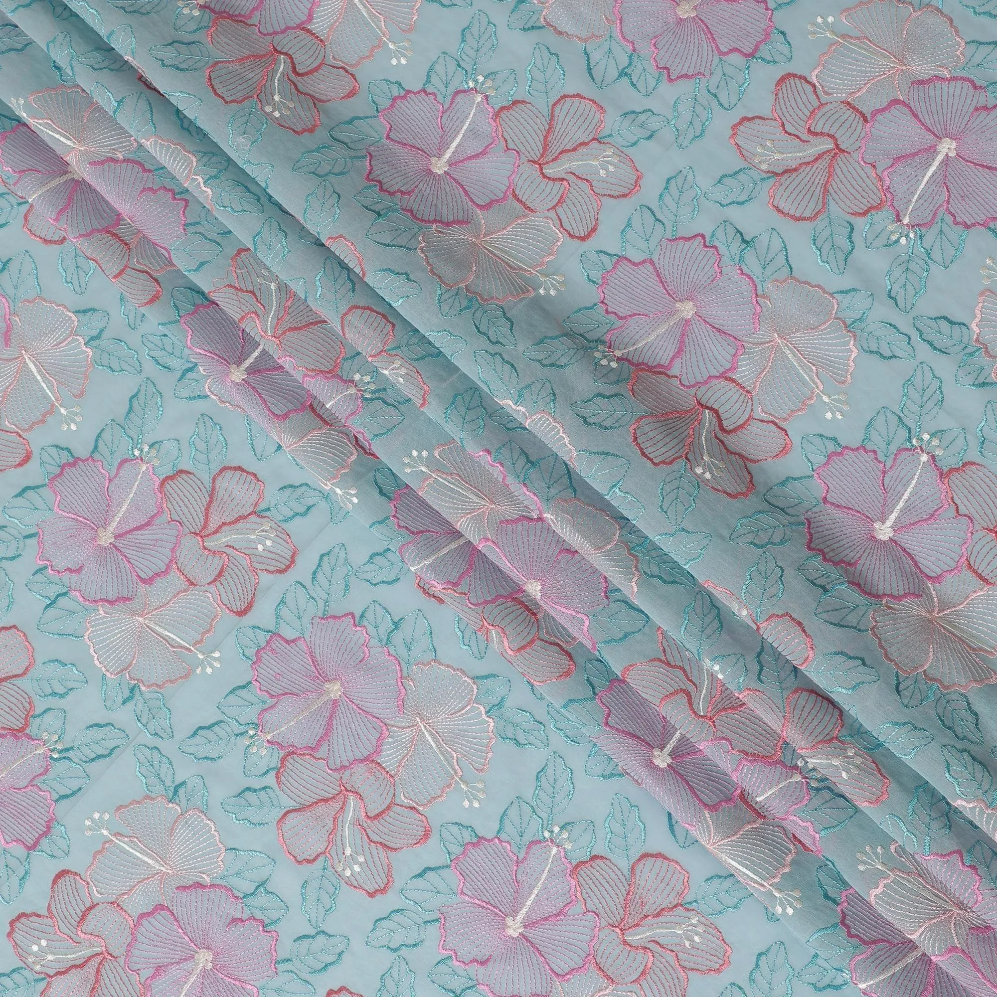 Baby blue Premium pure cotton voile fabric with same tone, beige, salmon pink and peach embroidery in floral design-D15247