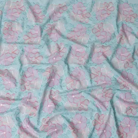 Baby blue Premium pure cotton voile fabric with same tone, beige, salmon pink and peach embroidery in floral design-D15247