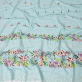 Baby blue Premium pure Swiss cotton voile fabric with multicolor print having powder blue embroidery in floral design-D16983