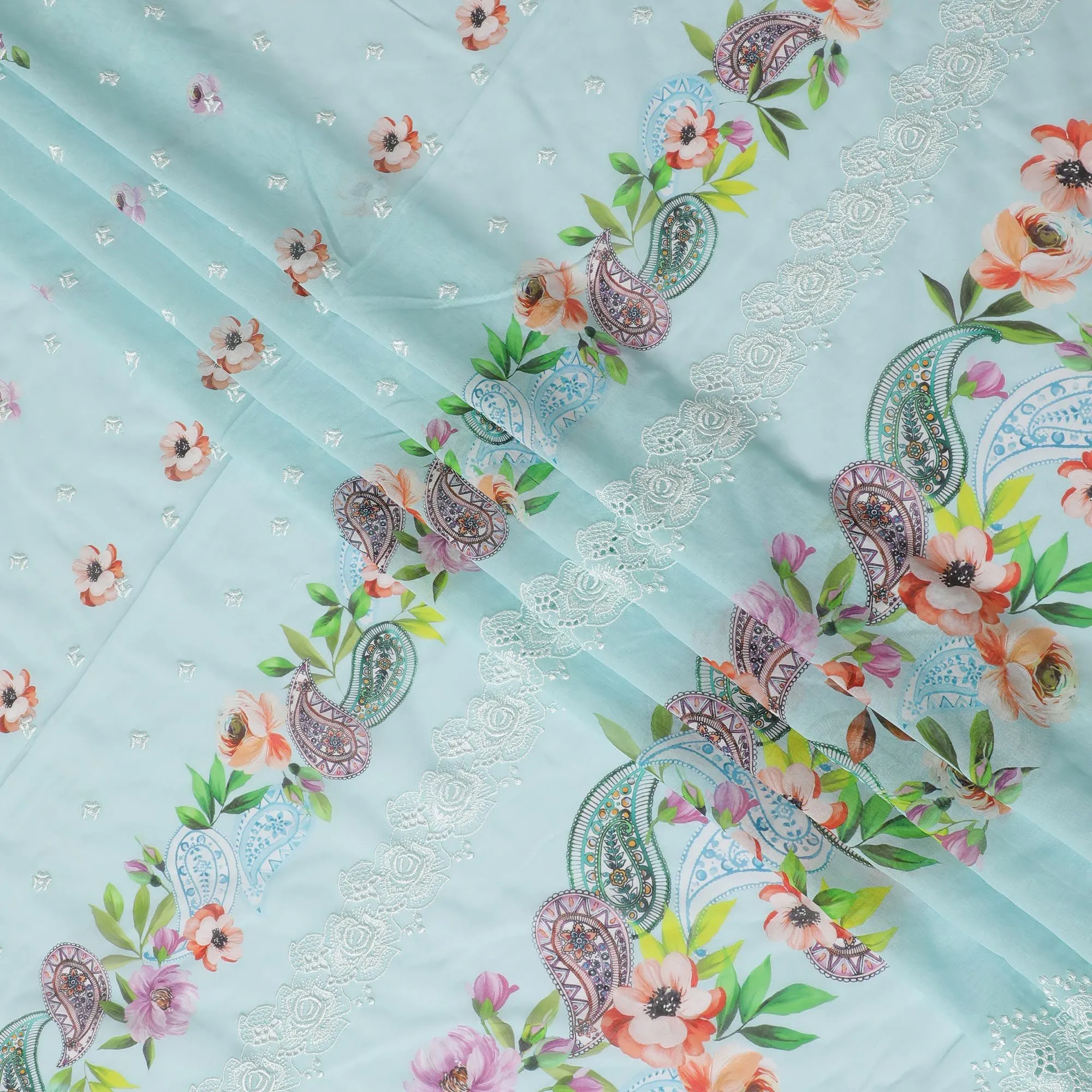 Baby blue Premium pure Swiss cotton voile fabric with multicolor print having powder blue embroidery in floral design-D16983