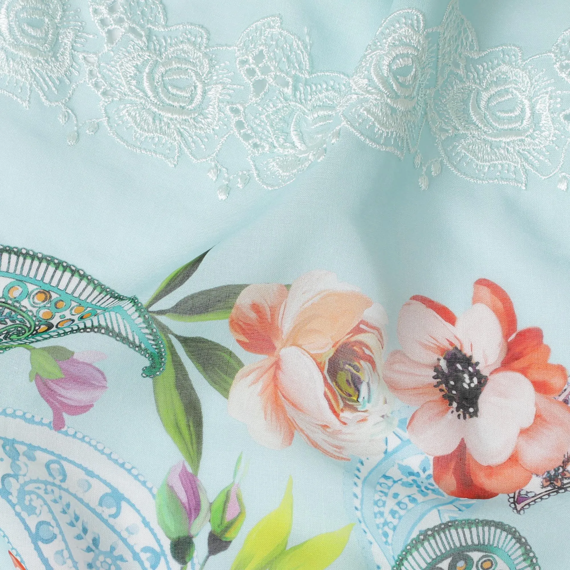 Baby blue Premium pure Swiss cotton voile fabric with multicolor print having powder blue embroidery in floral design-D16983