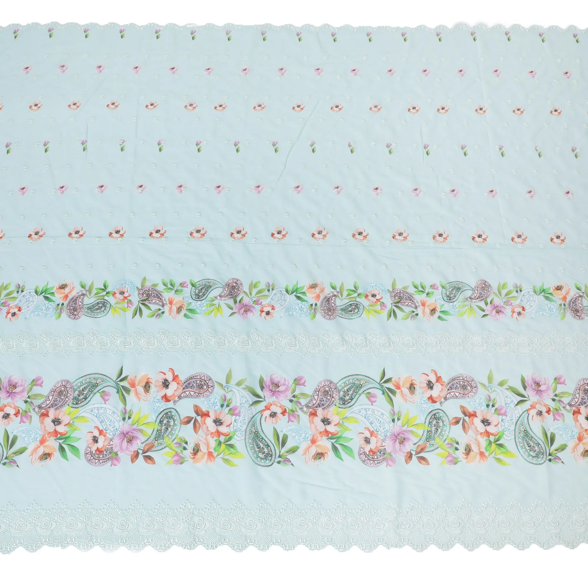 Baby blue Premium pure Swiss cotton voile fabric with multicolor print having powder blue embroidery in floral design-D16983