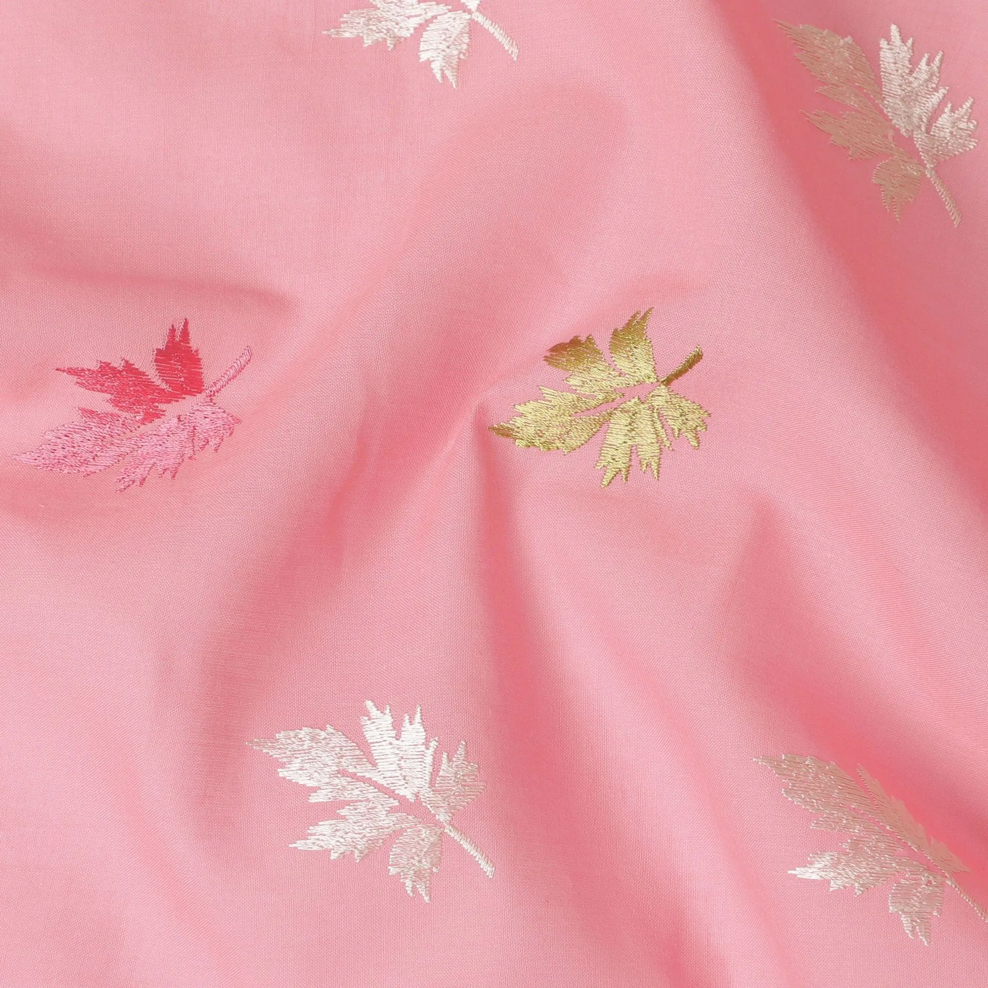 Baby pink Premium cotton voile fabric with same tone, mint green and beige embroidery in floral design-D13121