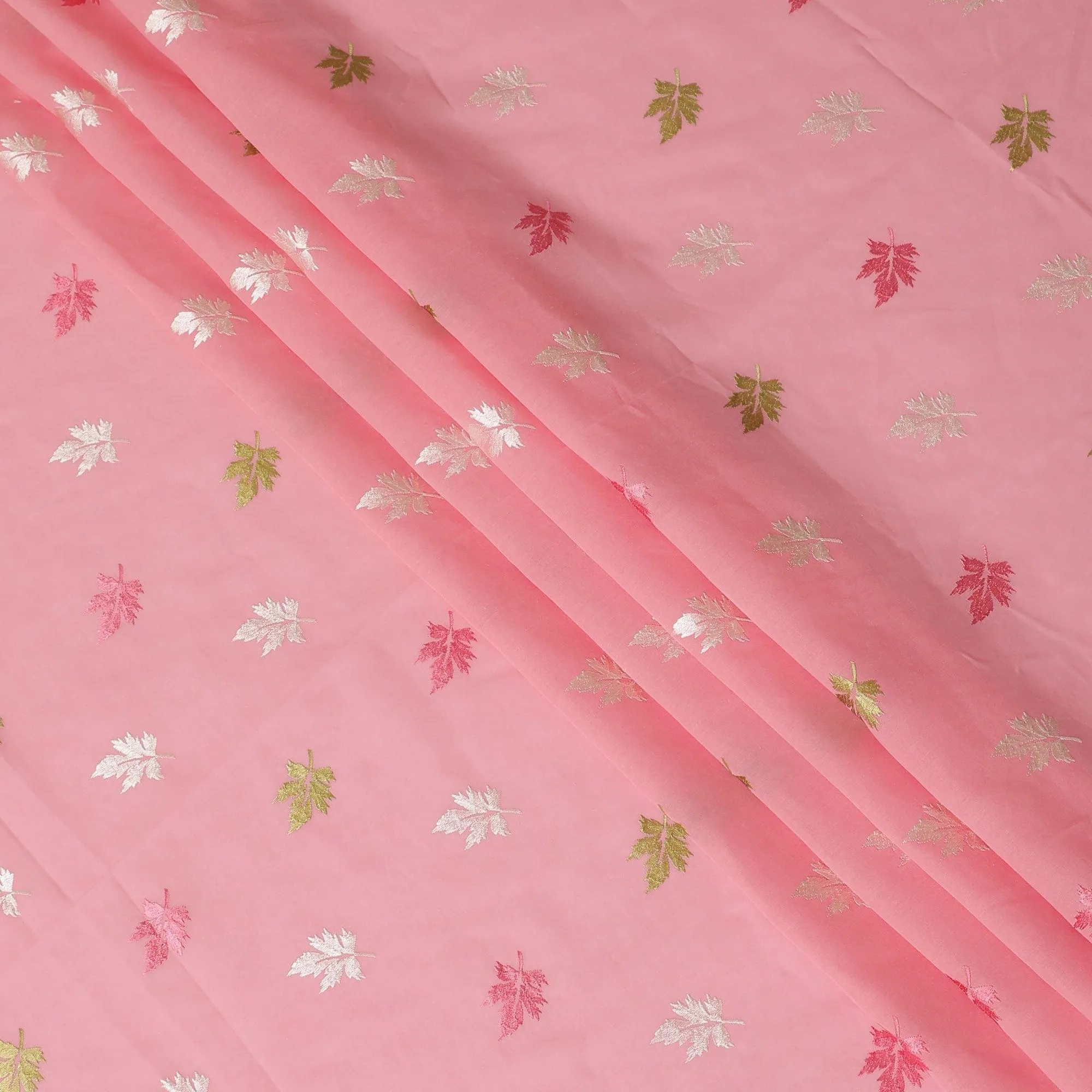 Baby pink Premium cotton voile fabric with same tone, mint green and beige embroidery in floral design-D13121