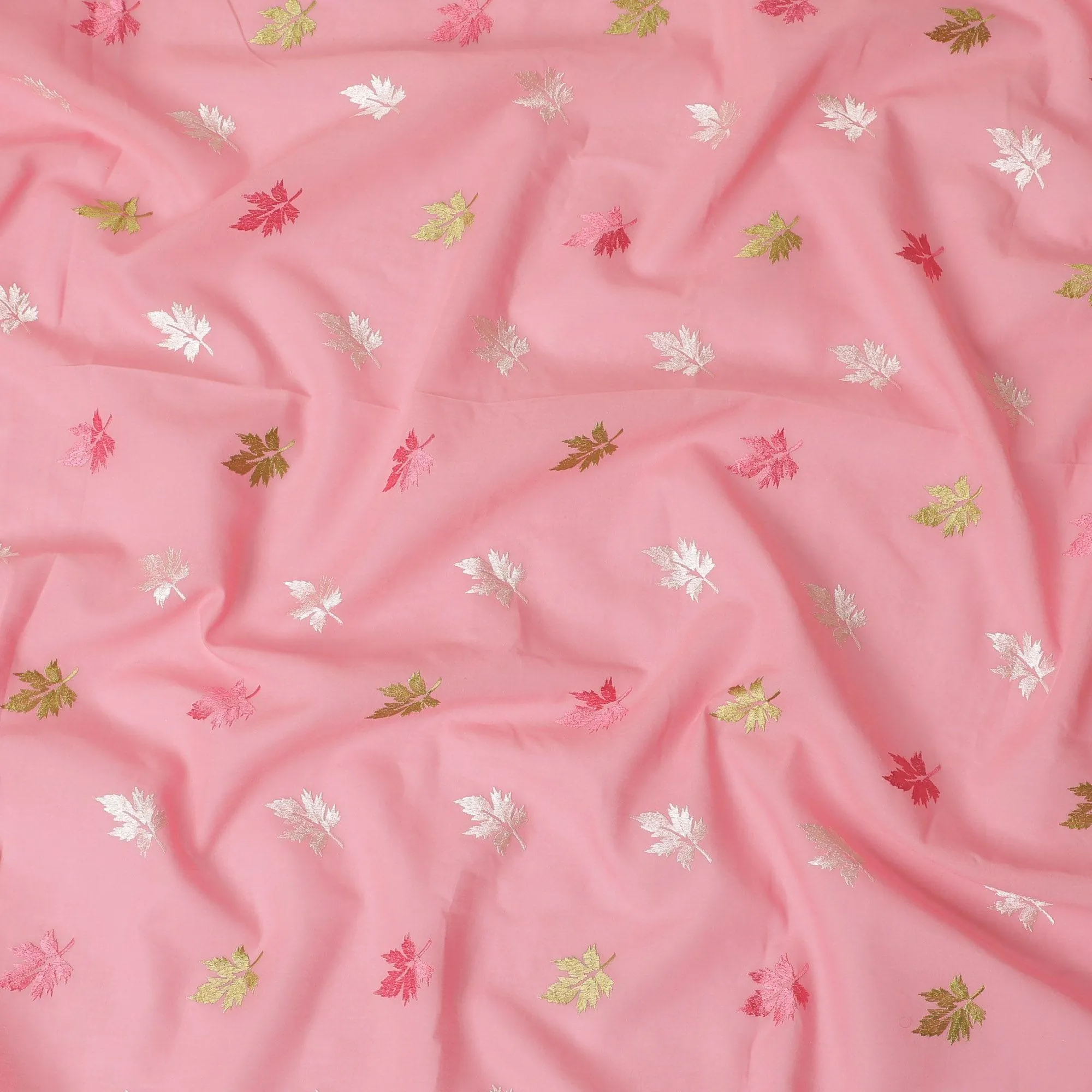 Baby pink Premium cotton voile fabric with same tone, mint green and beige embroidery in floral design-D13121