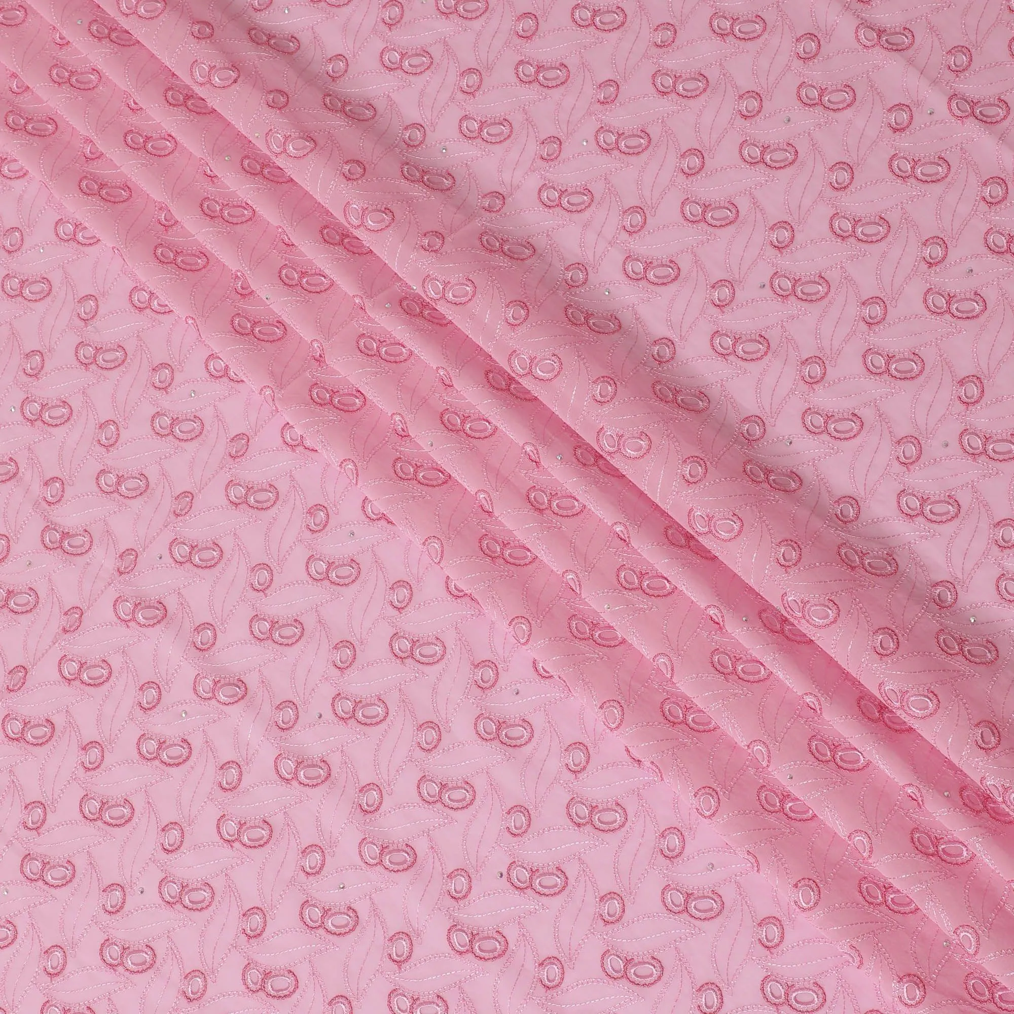 Baby pink Premium pure 100% Swiss cotton voile (Sudanese Thobe) fabric with same tone and hot pink embroidery having stone work in fancy design-D13795