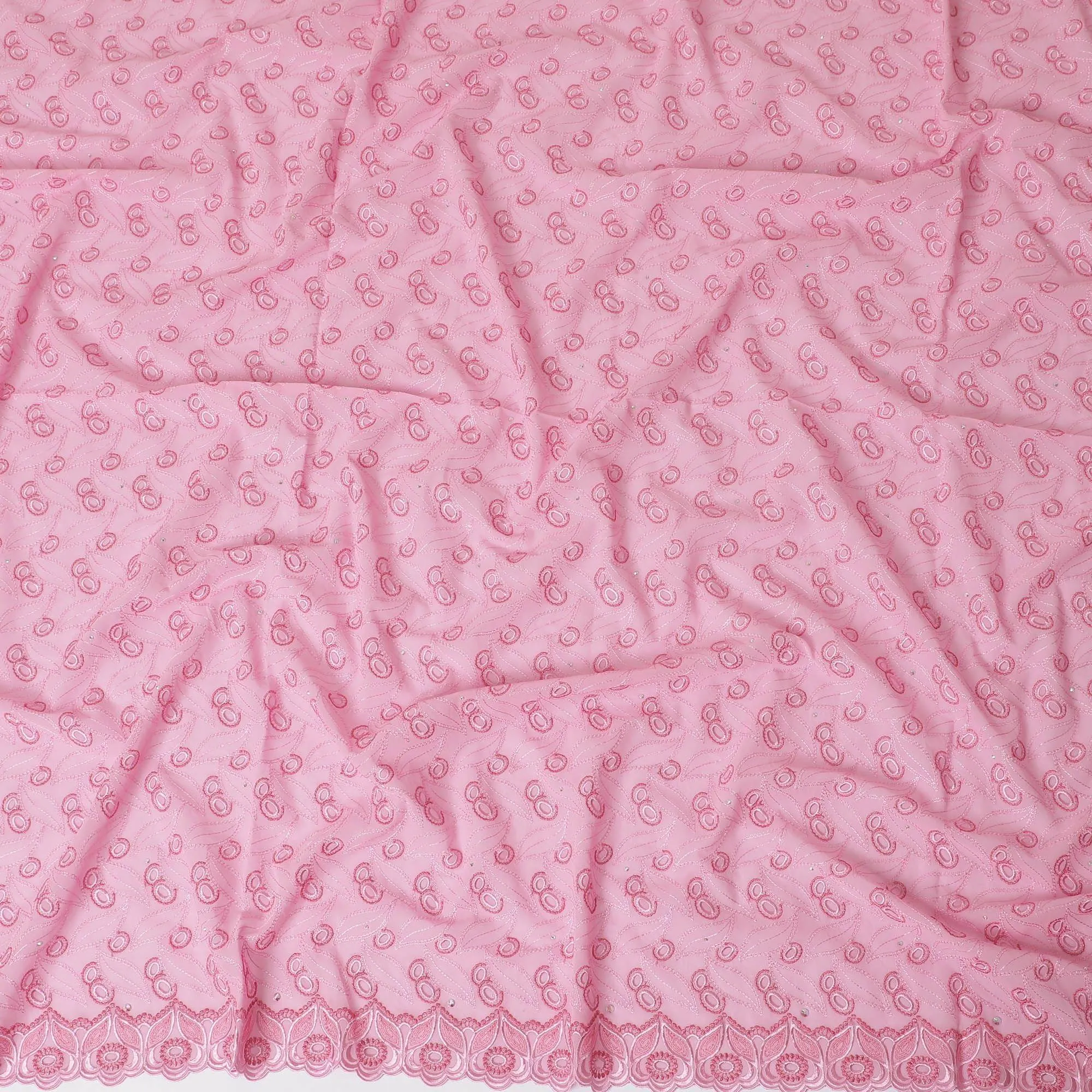 Baby pink Premium pure 100% Swiss cotton voile (Sudanese Thobe) fabric with same tone and hot pink embroidery having stone work in fancy design-D13795