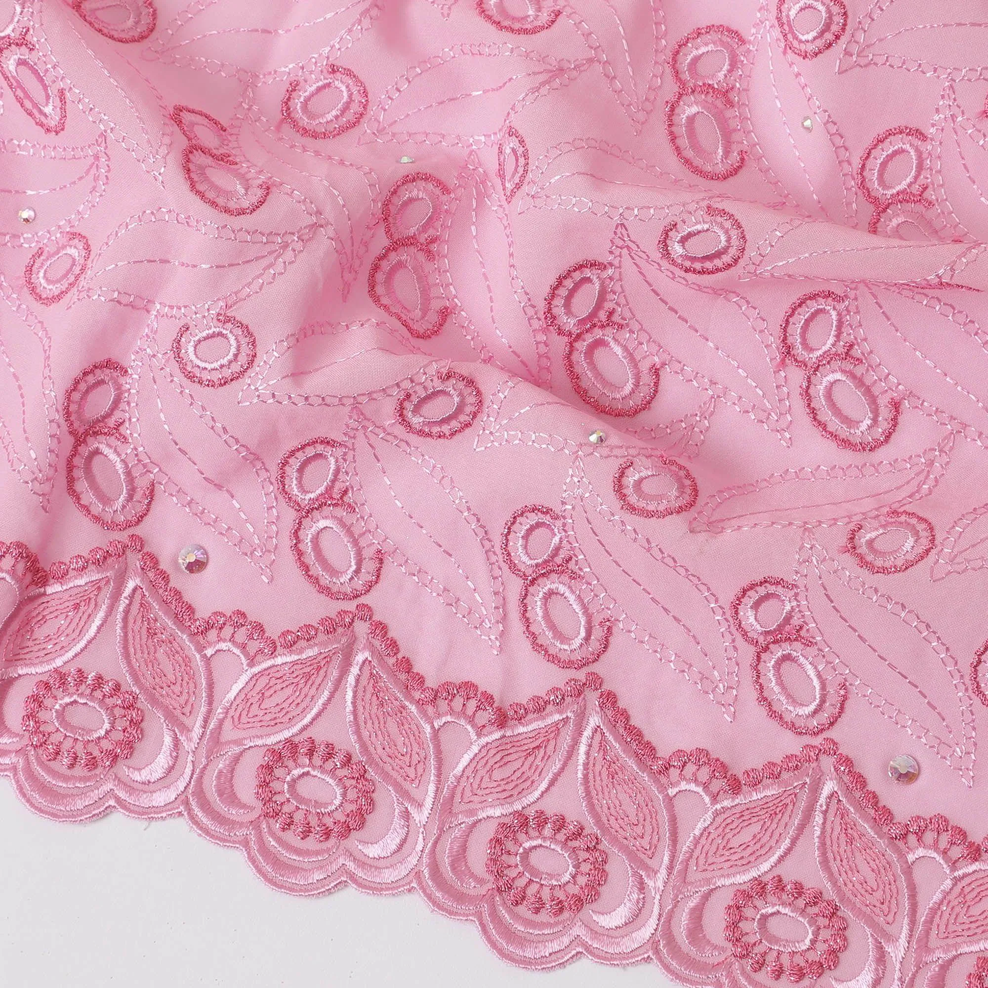 Baby pink Premium pure 100% Swiss cotton voile (Sudanese Thobe) fabric with same tone and hot pink embroidery having stone work in fancy design-D13795