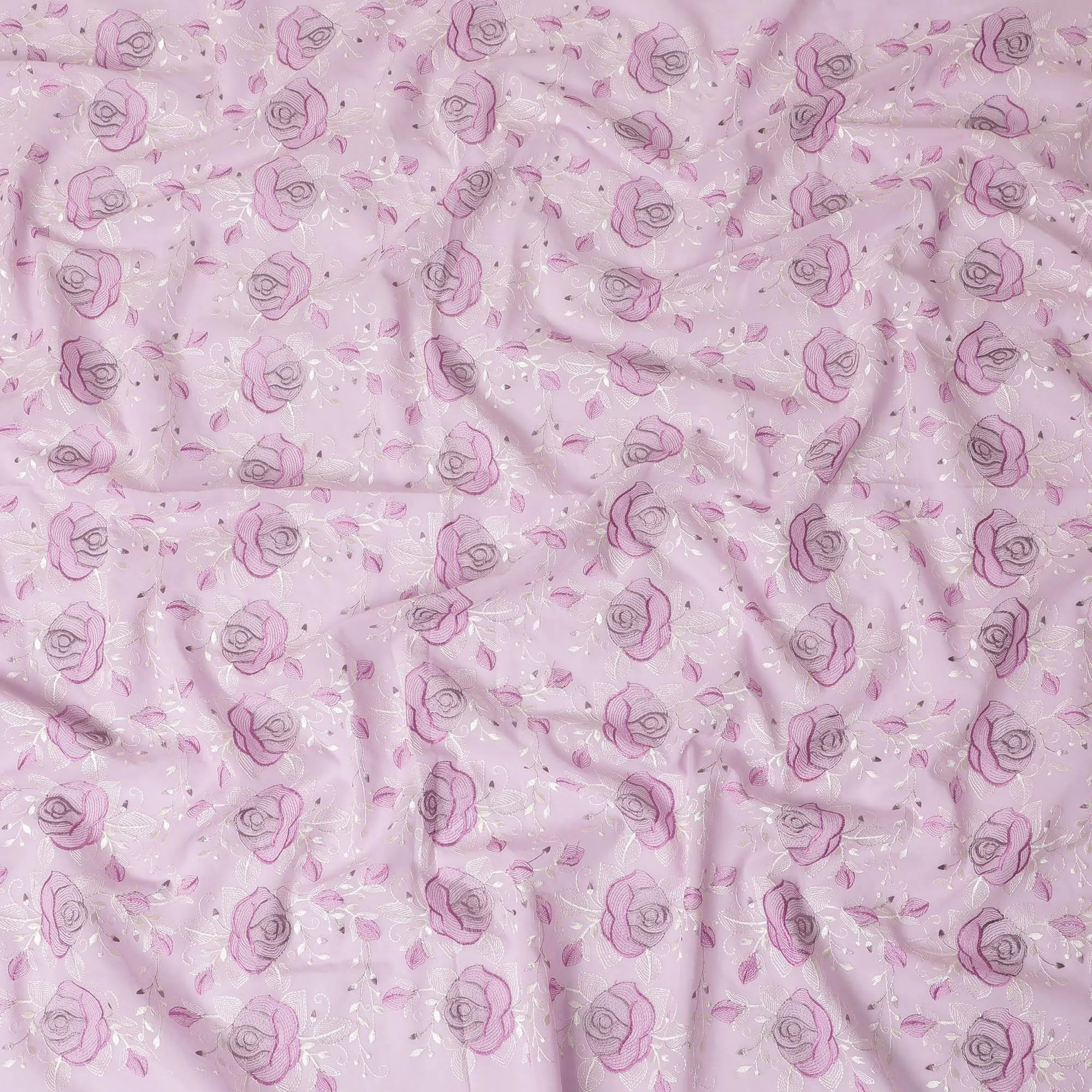 Baby pink Premium pure cotton voile fabric with lavender pink and beige embroidery in floral design-D15253