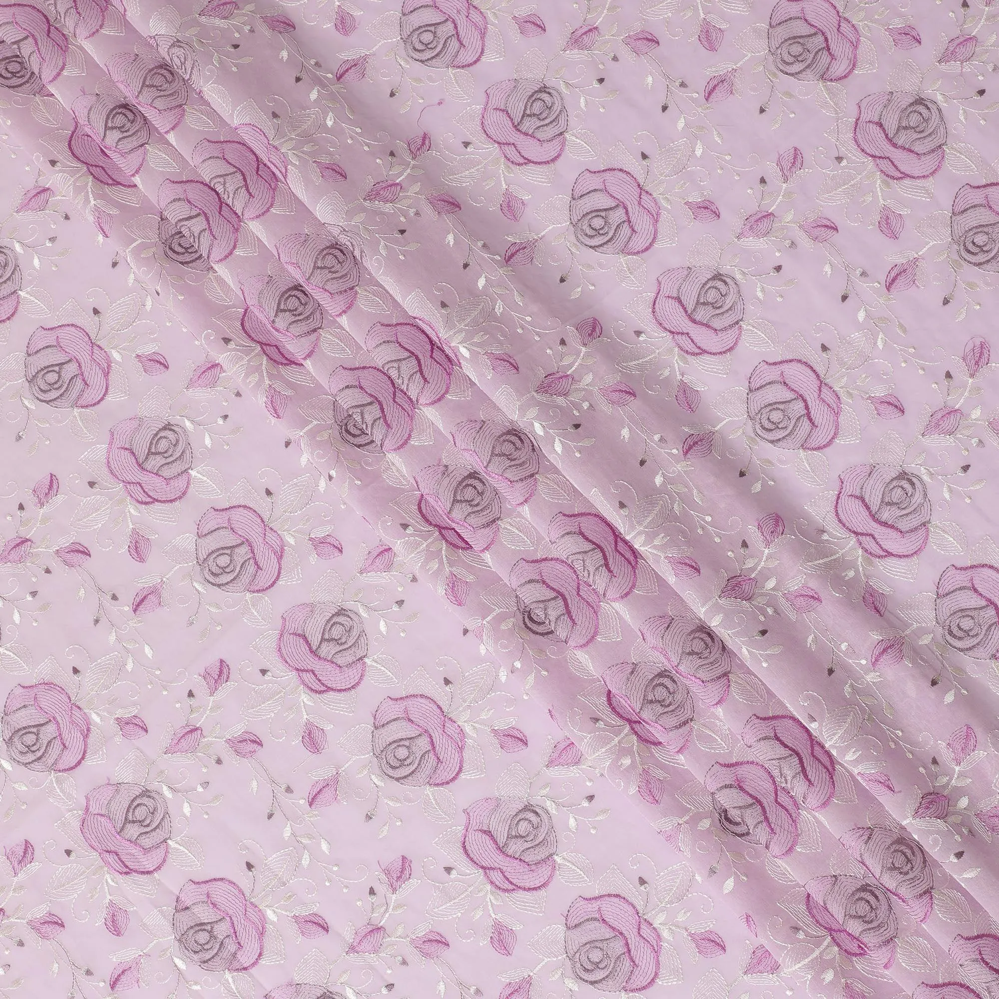 Baby pink Premium pure cotton voile fabric with lavender pink and beige embroidery in floral design-D15253