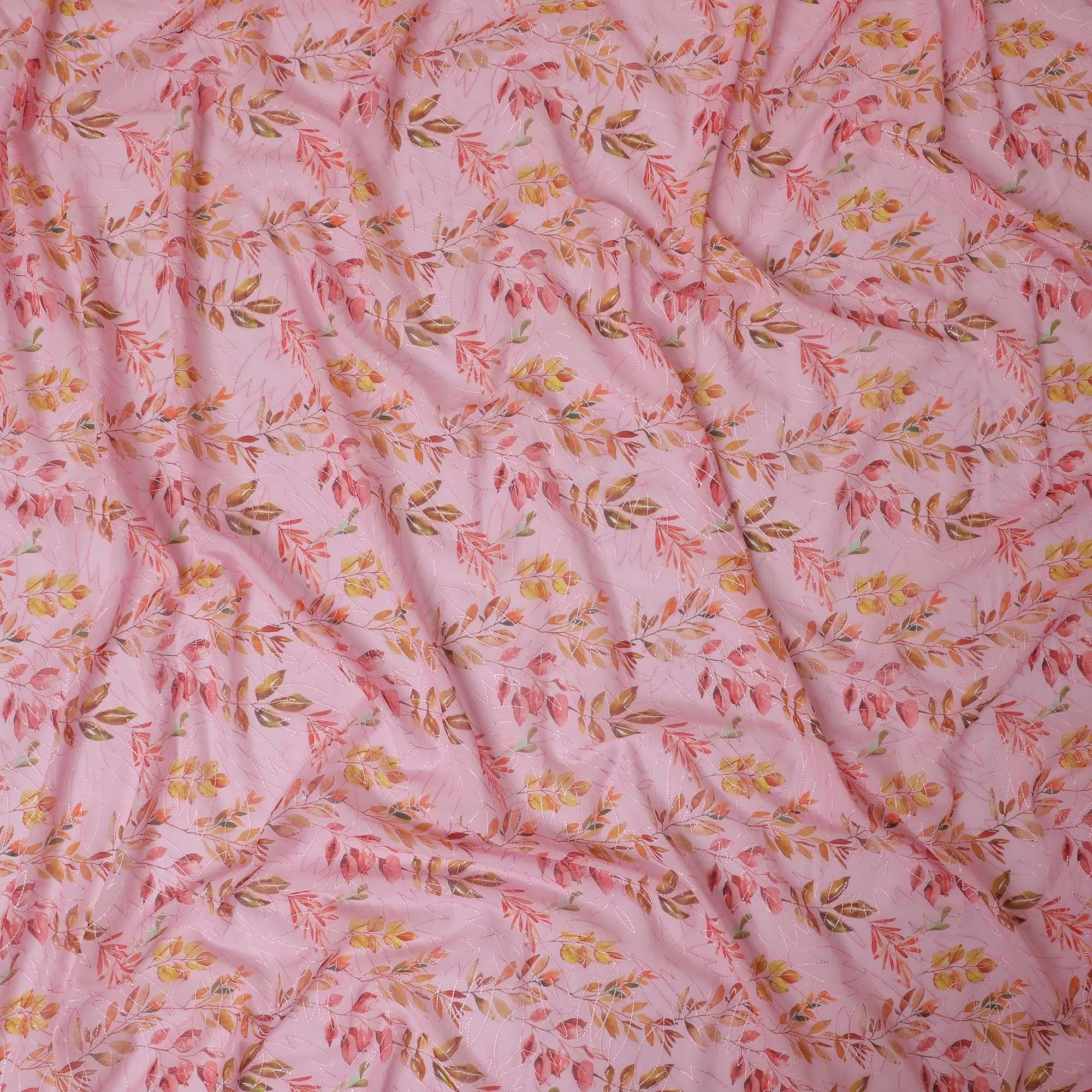 Baby pink premium pure cotton voile fabric with multicolor print and same tone embroidery in fancy design-D13252