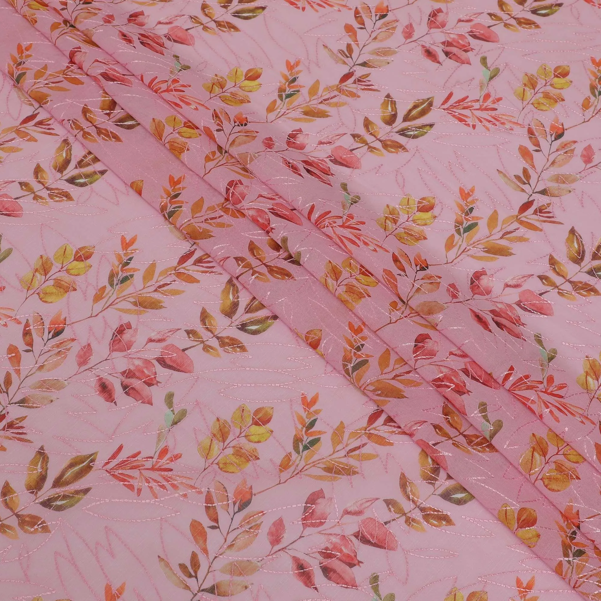 Baby pink premium pure cotton voile fabric with multicolor print and same tone embroidery in fancy design-D13252