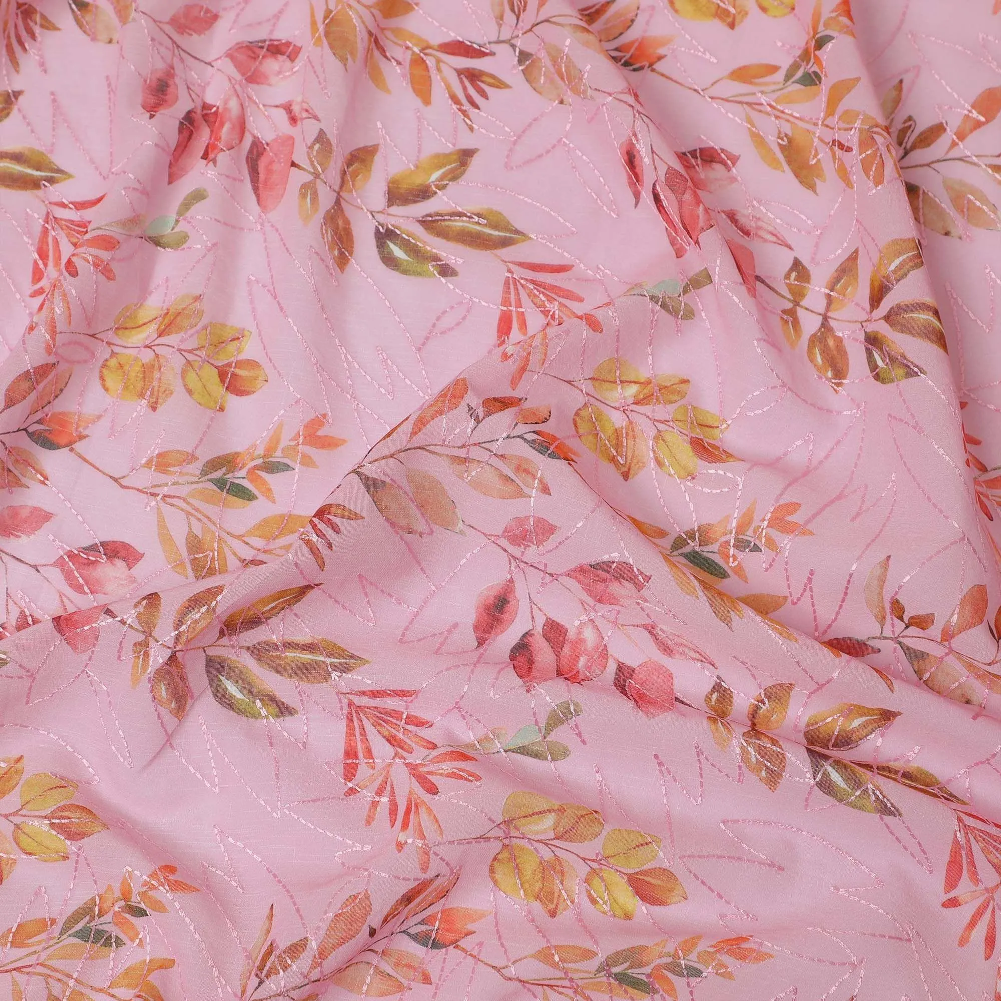 Baby pink premium pure cotton voile fabric with multicolor print and same tone embroidery in fancy design-D13252