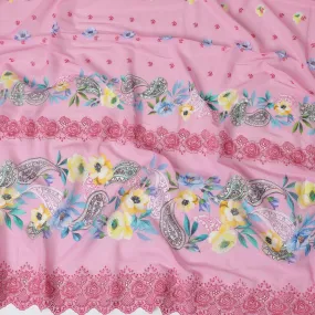 Baby pink Premium pure Swiss cotton voile fabric with multicolor print having brick pink embroidery in floral design-D16984