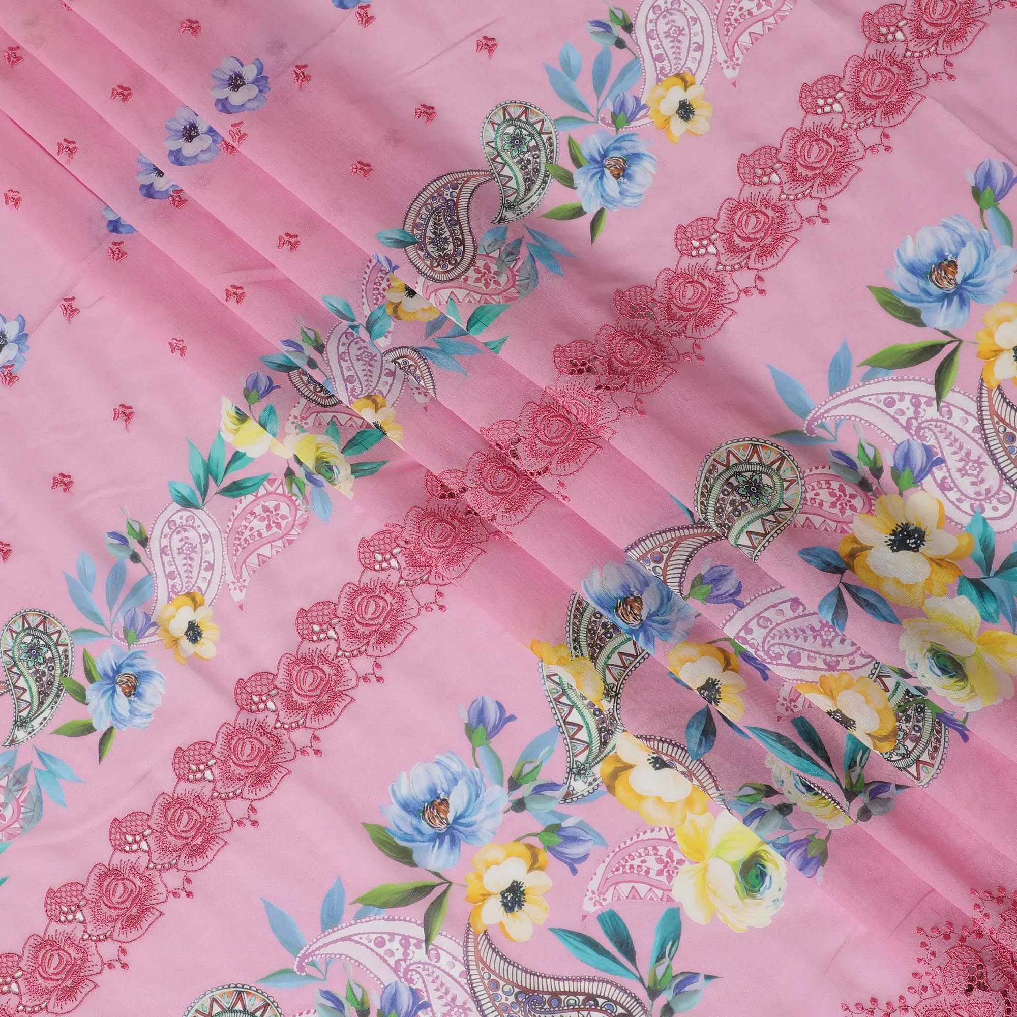 Baby pink Premium pure Swiss cotton voile fabric with multicolor print having brick pink embroidery in floral design-D16984