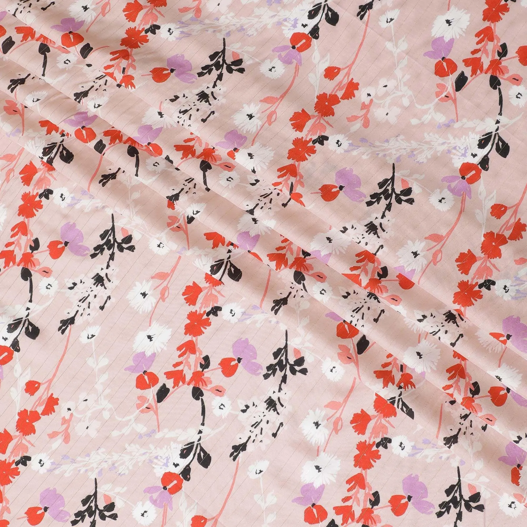 Baby pink viscose crepe printed fabric with multi colour prints and metallic lurex in floral design-D11166