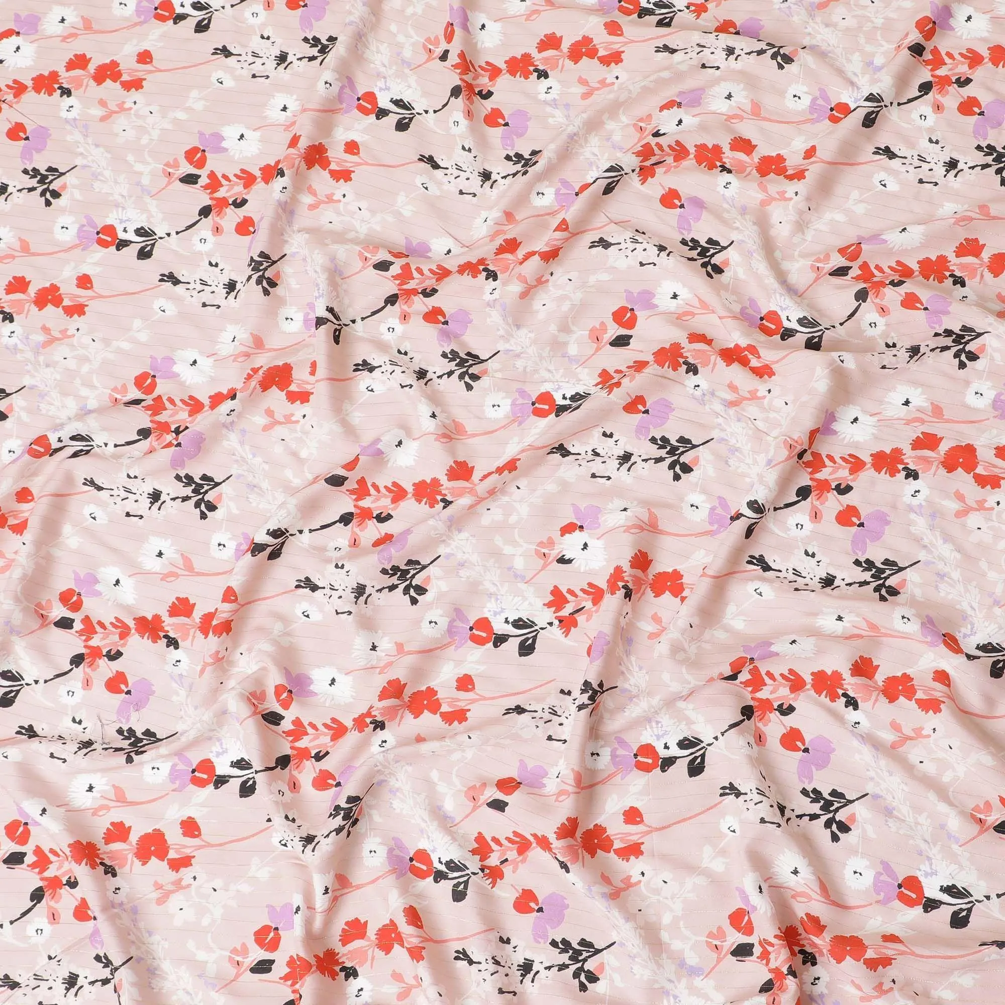 Baby pink viscose crepe printed fabric with multi colour prints and metallic lurex in floral design-D11166