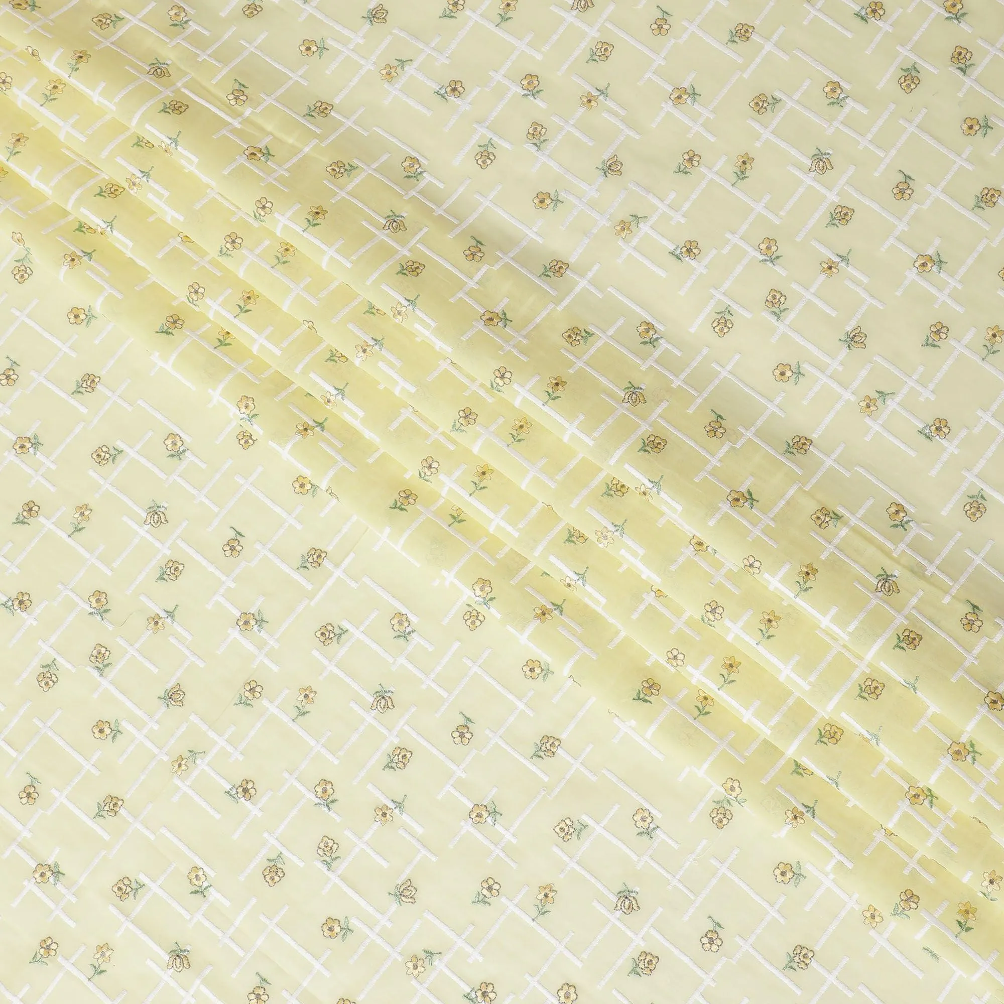 Banana yellow cotton voile fabric with same tone, sage green and white embroidery in floral design-D11942