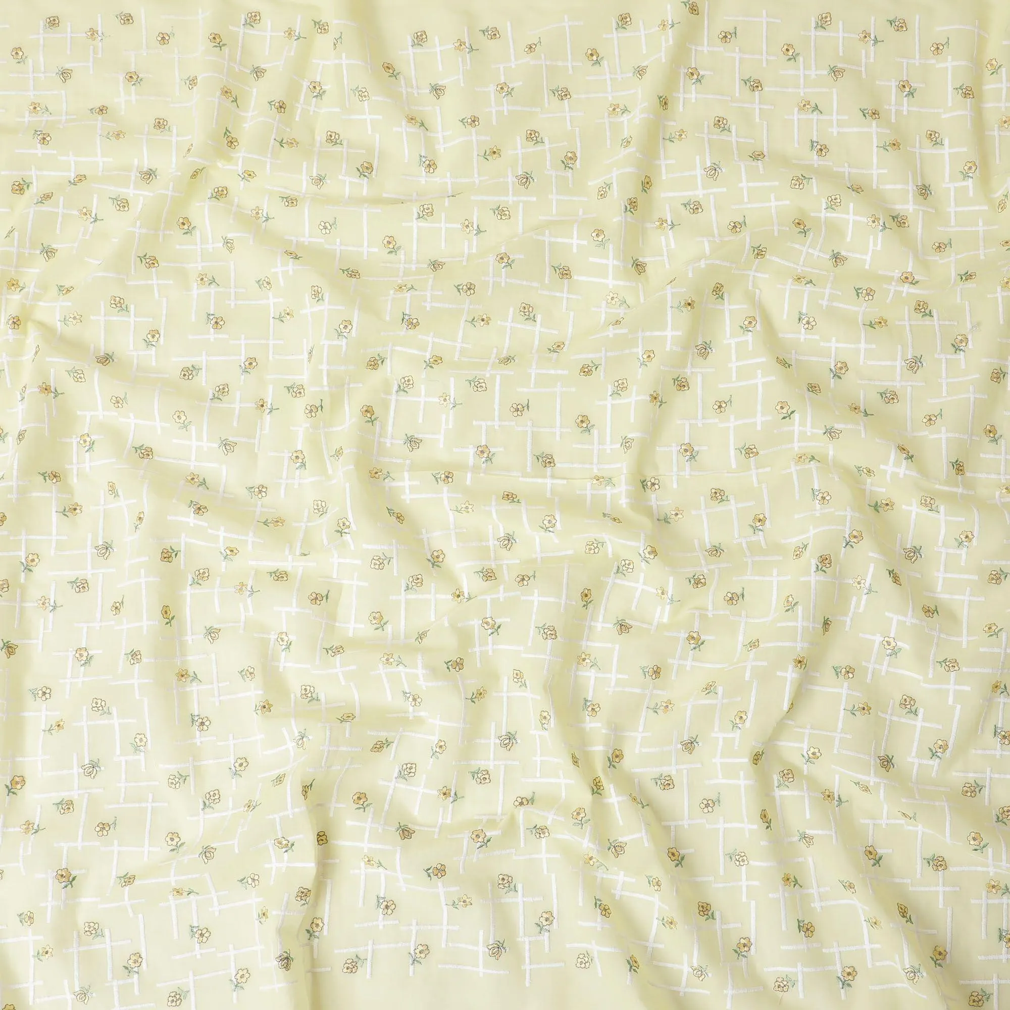 Banana yellow cotton voile fabric with same tone, sage green and white embroidery in floral design-D11942