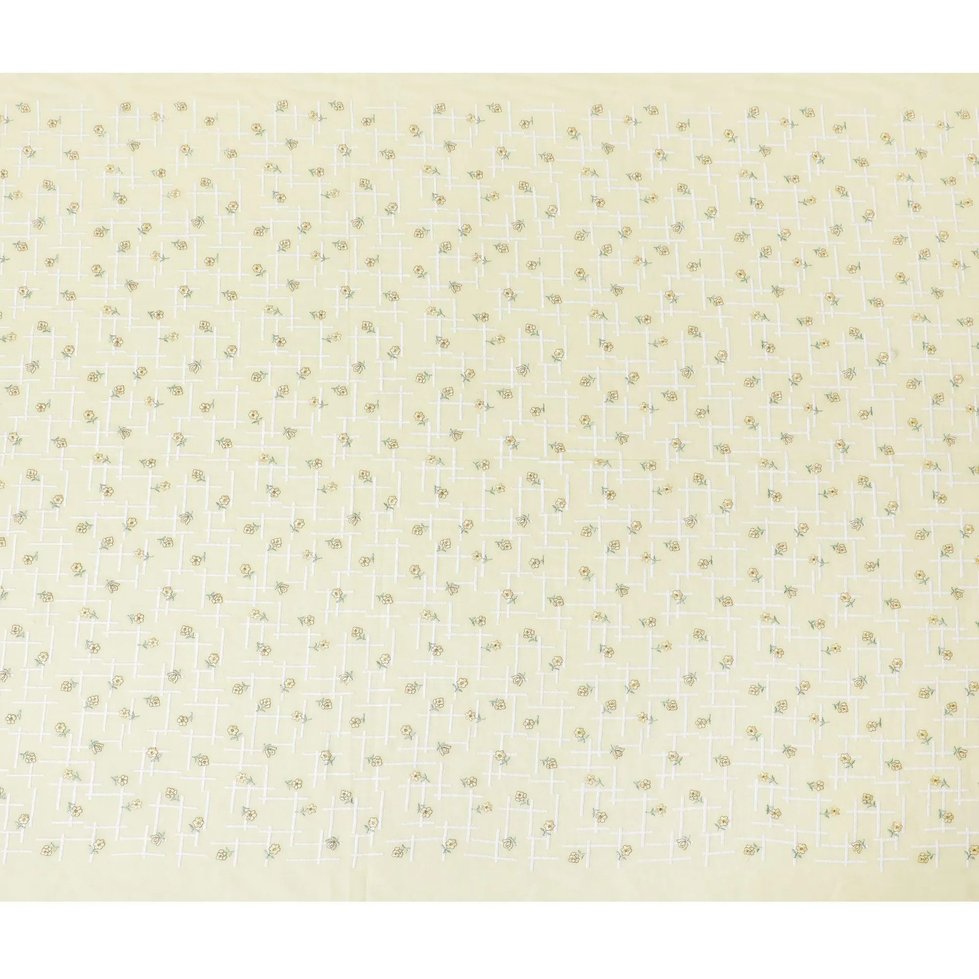 Banana yellow cotton voile fabric with same tone, sage green and white embroidery in floral design-D11942