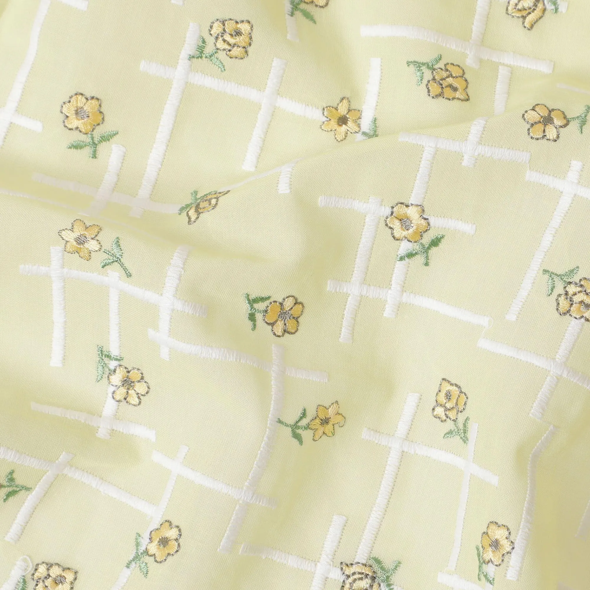 Banana yellow cotton voile fabric with same tone, sage green and white embroidery in floral design-D11942