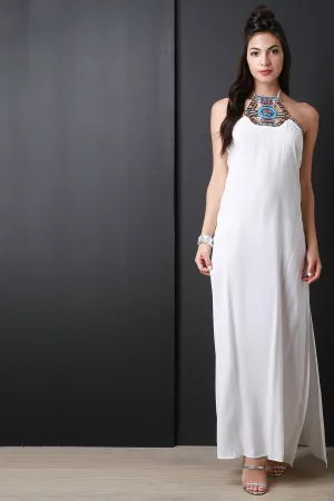 Beadwork Embroidered Side Slit Backless Maxi Dress