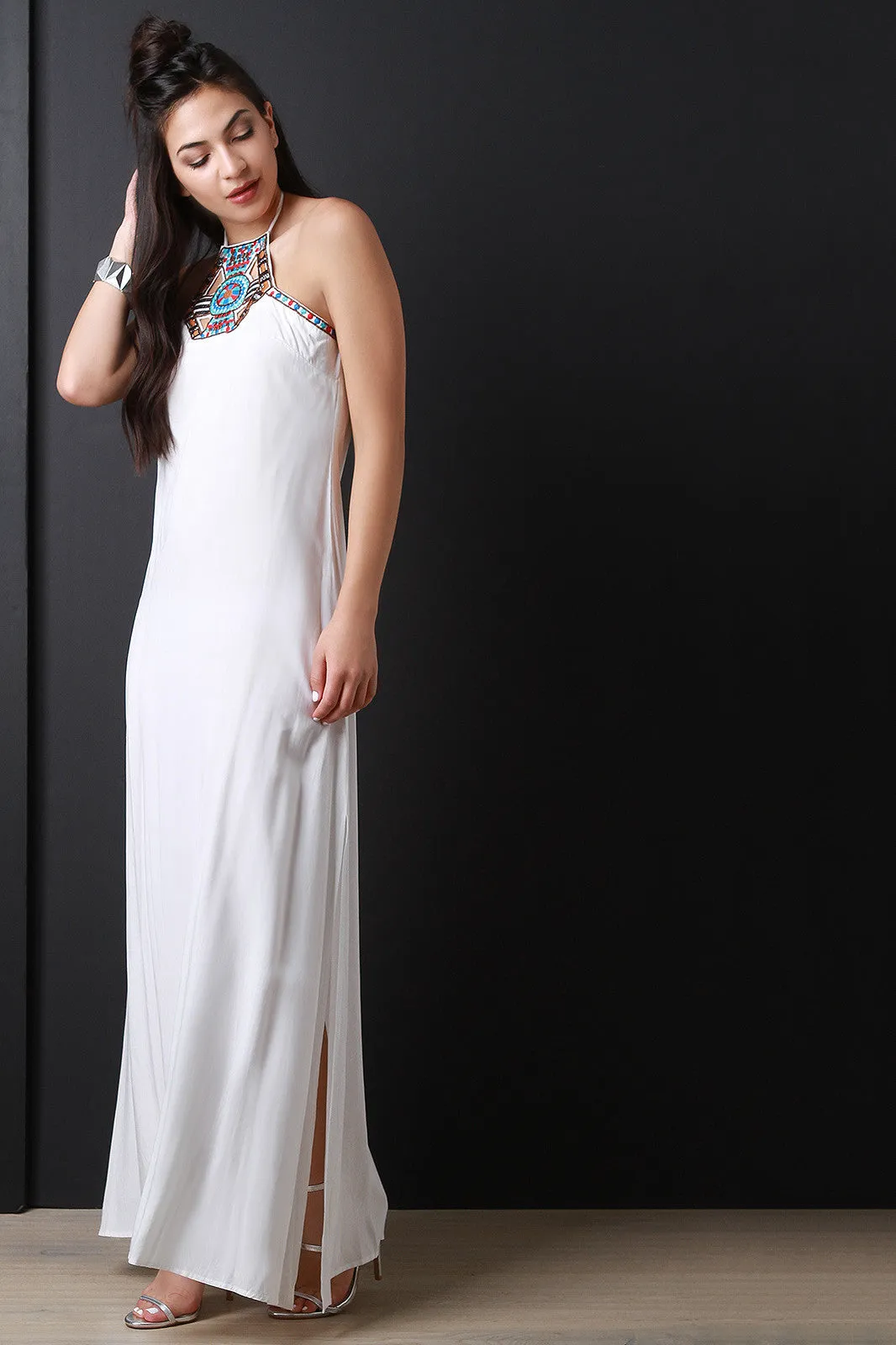 Beadwork Embroidered Side Slit Backless Maxi Dress