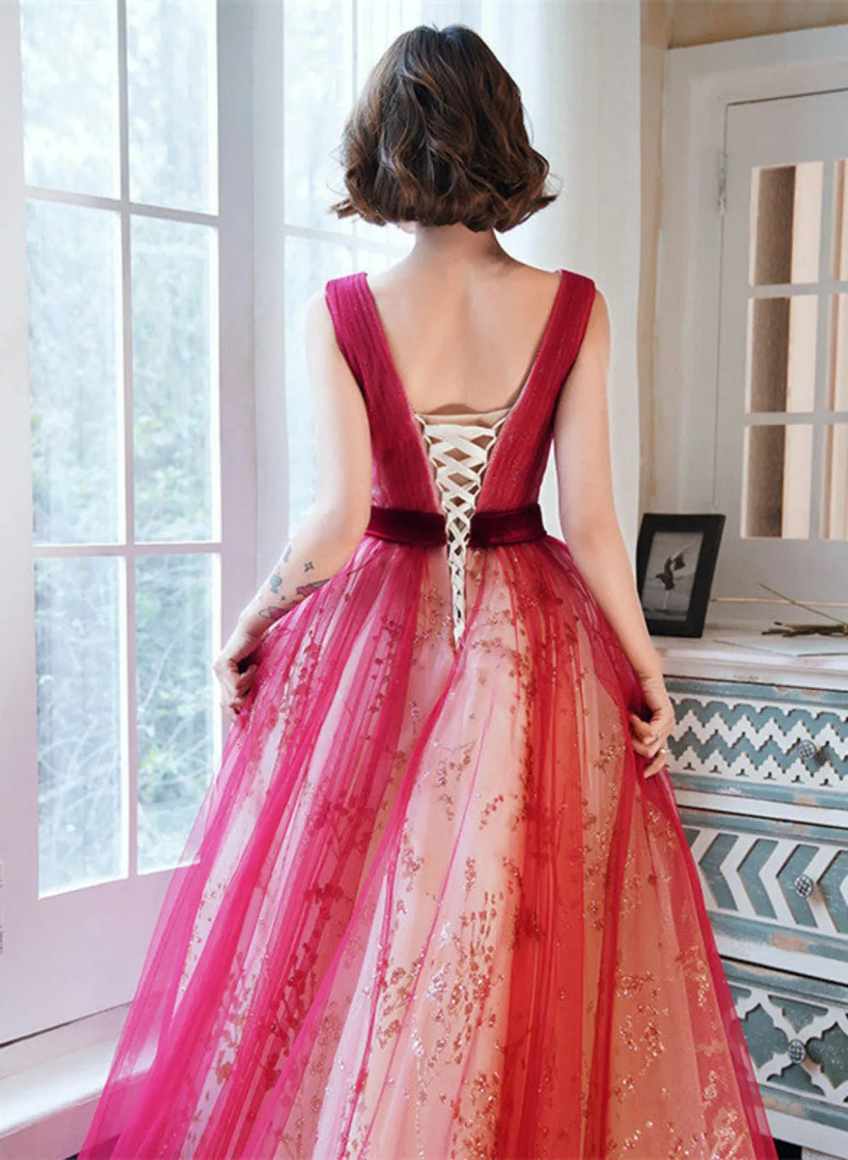 Beautiful V-neckline Long Party Dress with Belt, Tulle Long Evening Dress