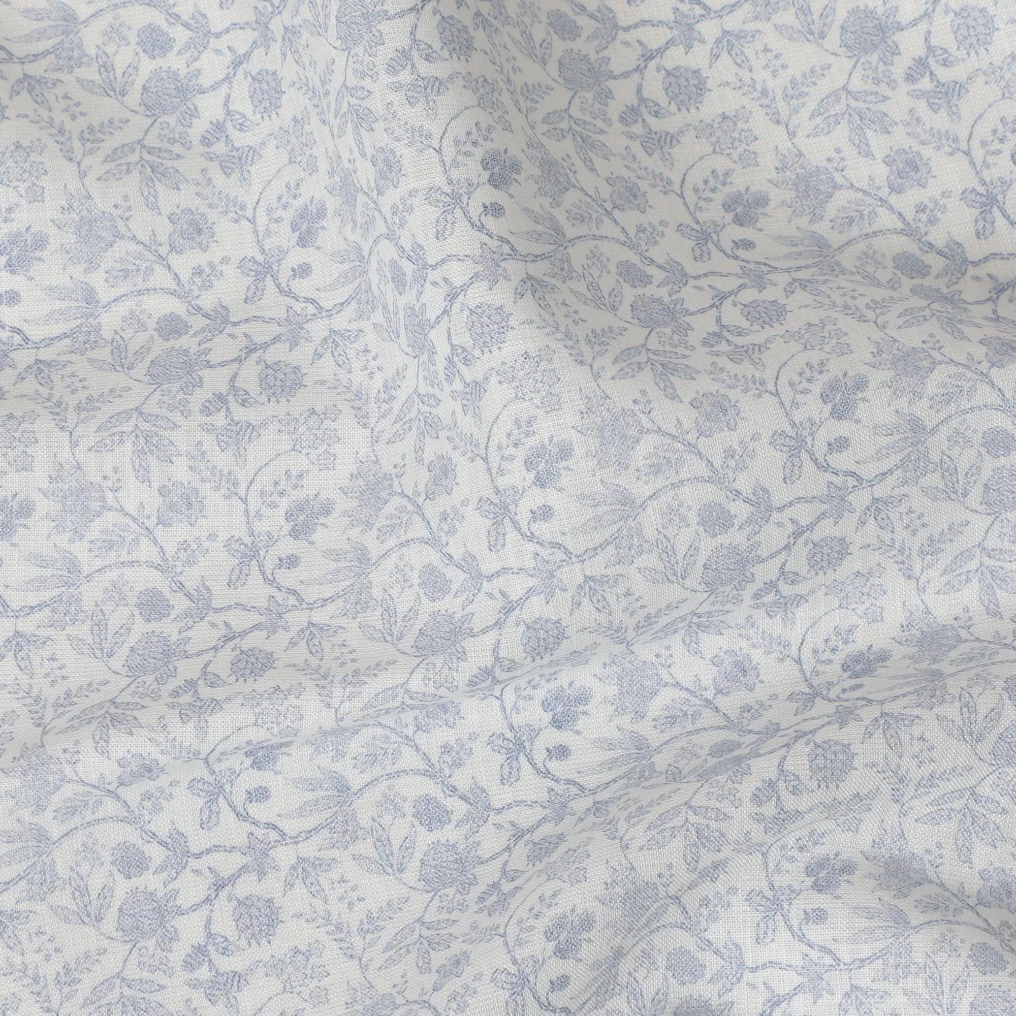 Beige blended linen fabric with blue print in floral design-D15874