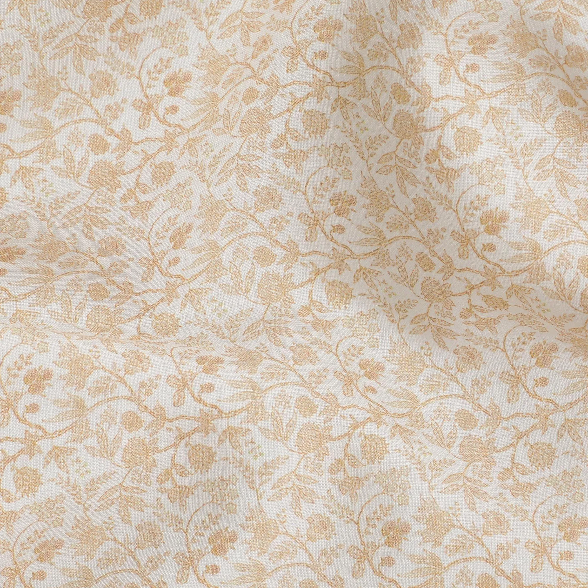 Beige blended linen fabric with mustard yellow print in floral design-D15875