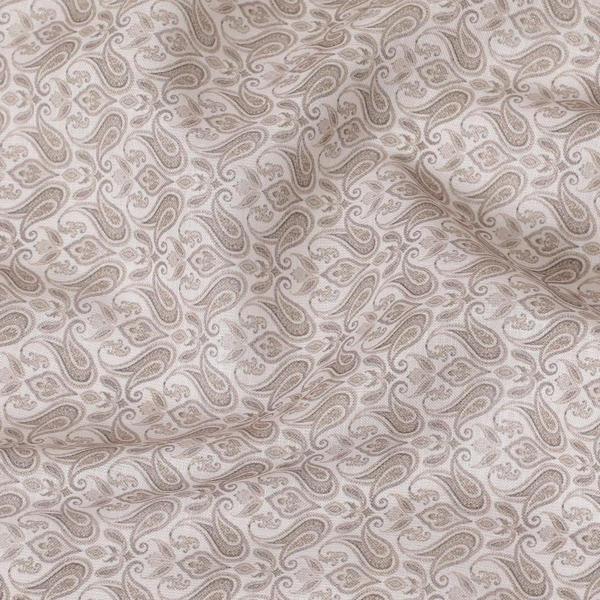 Beige blended linen fabric with olive green print in floral design-D15876