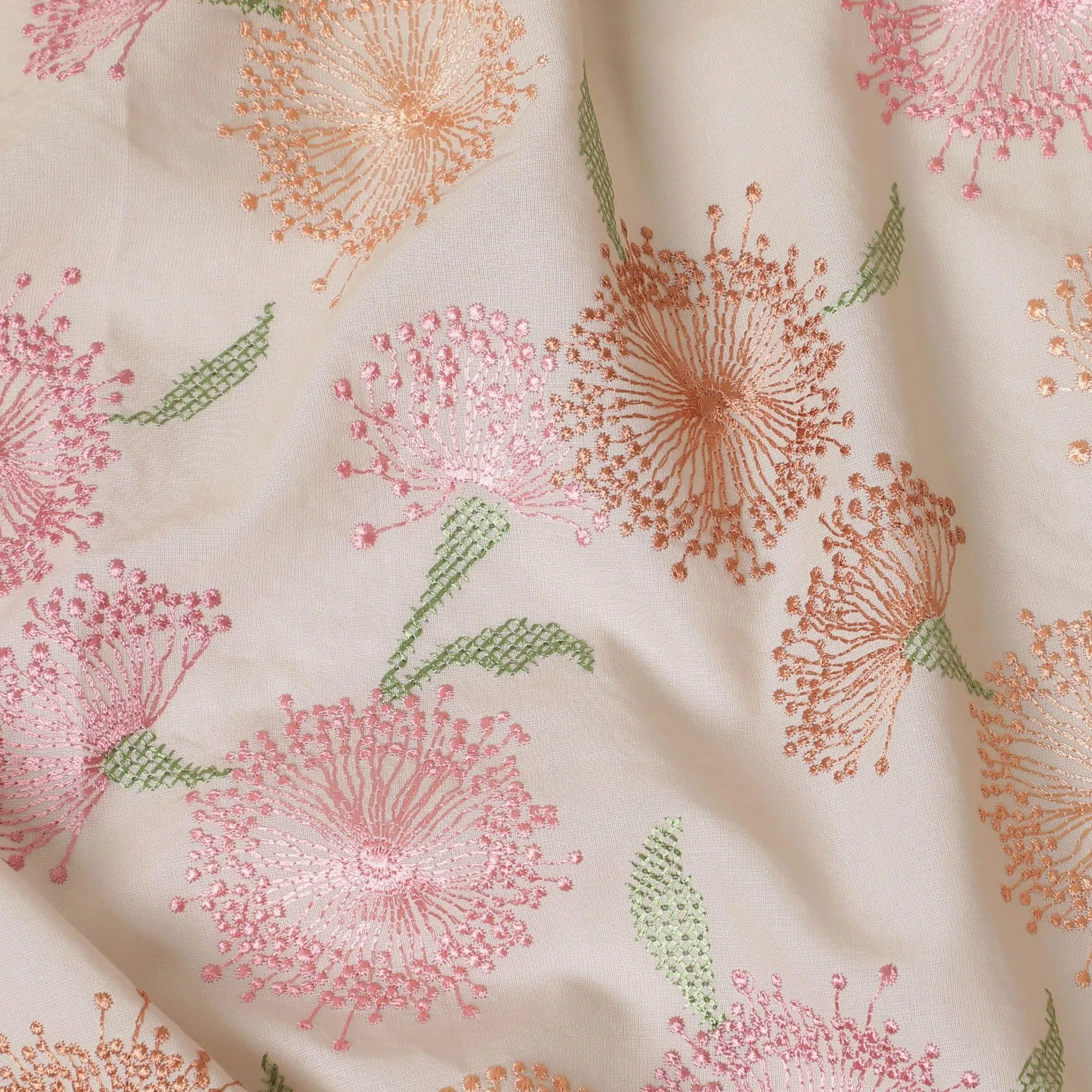 Beige cotton voile fabric with sage green, baby pink and peach embroidery in floral design-D14470