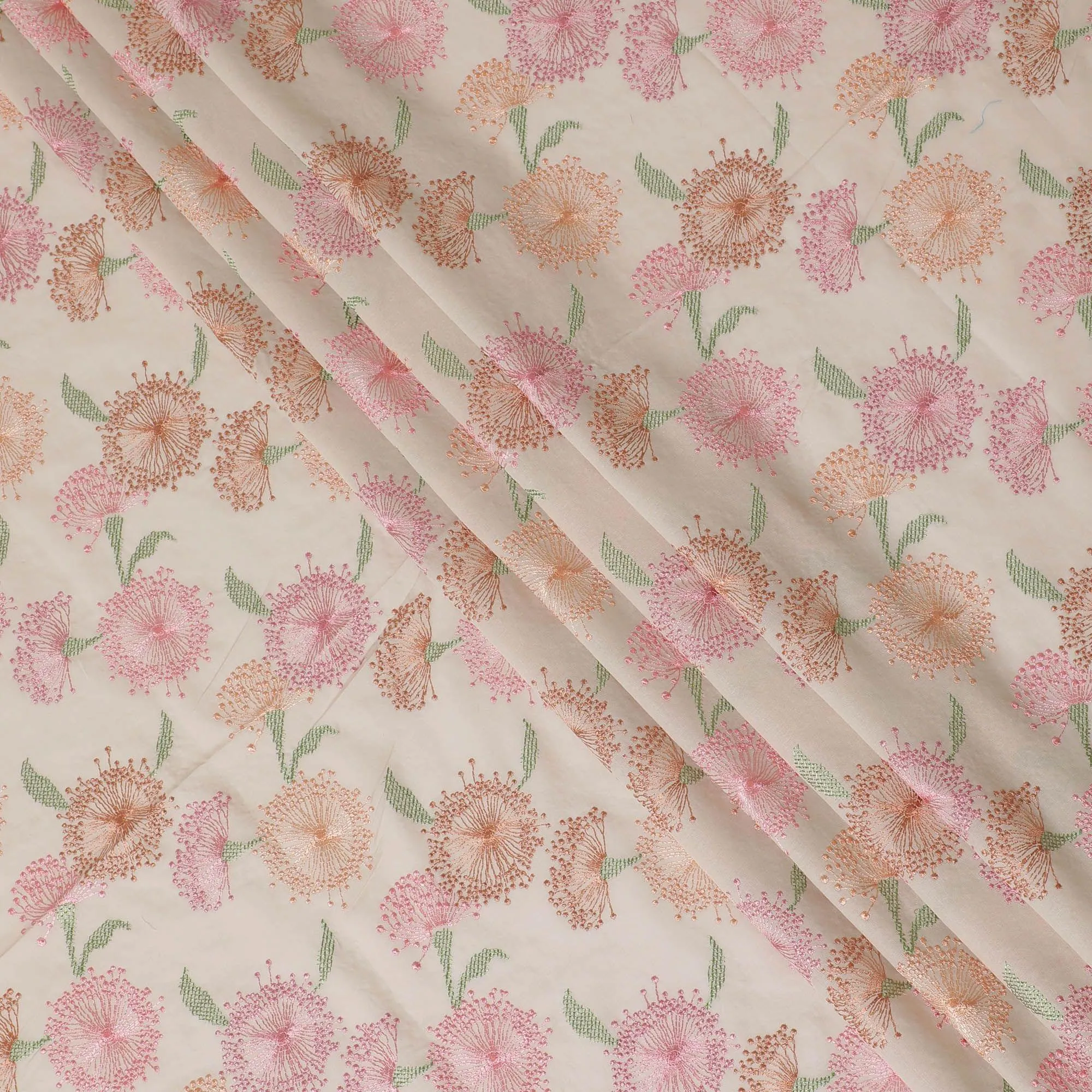 Beige cotton voile fabric with sage green, baby pink and peach embroidery in floral design-D14470