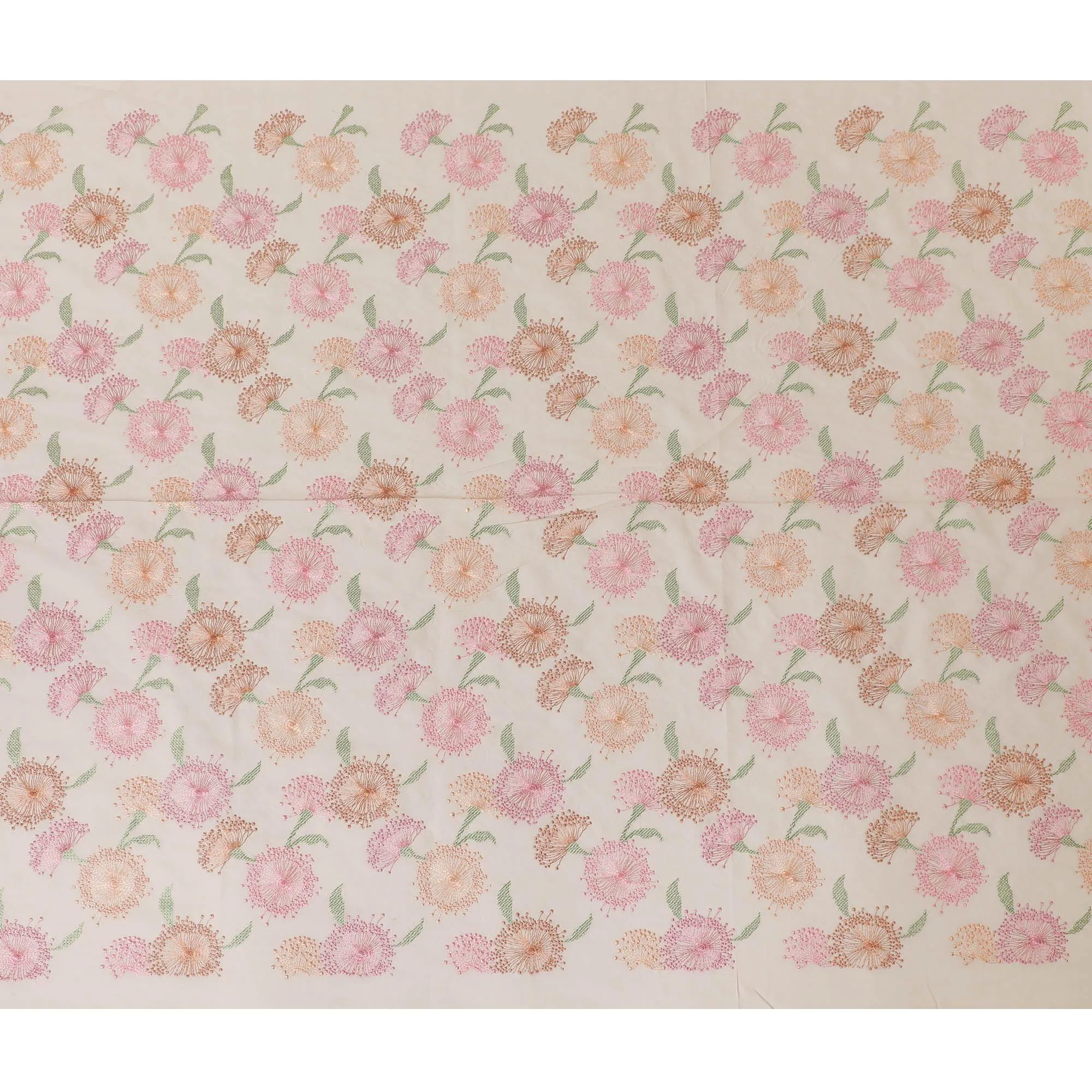 Beige cotton voile fabric with sage green, baby pink and peach embroidery in floral design-D14470