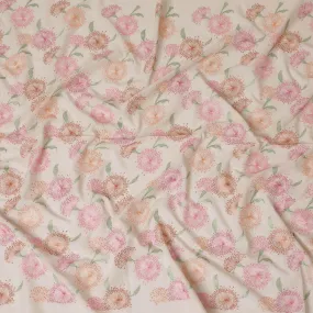 Beige cotton voile fabric with sage green, baby pink and peach embroidery in floral design-D14470