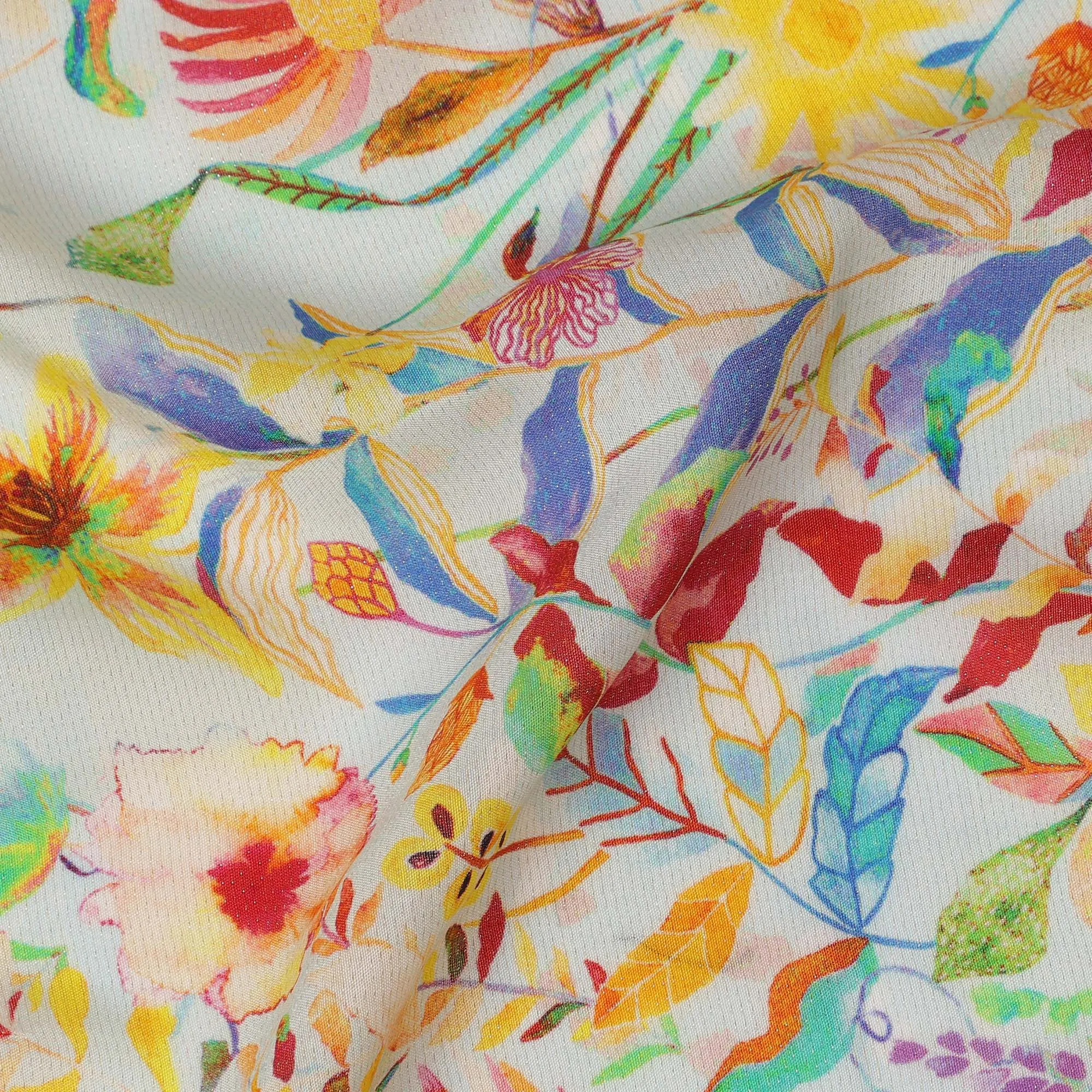 Beige Multi-Color Tropical Floral Viscose Crepe Digital Print Fabric, 110 cm Wide, Made in India-D20994