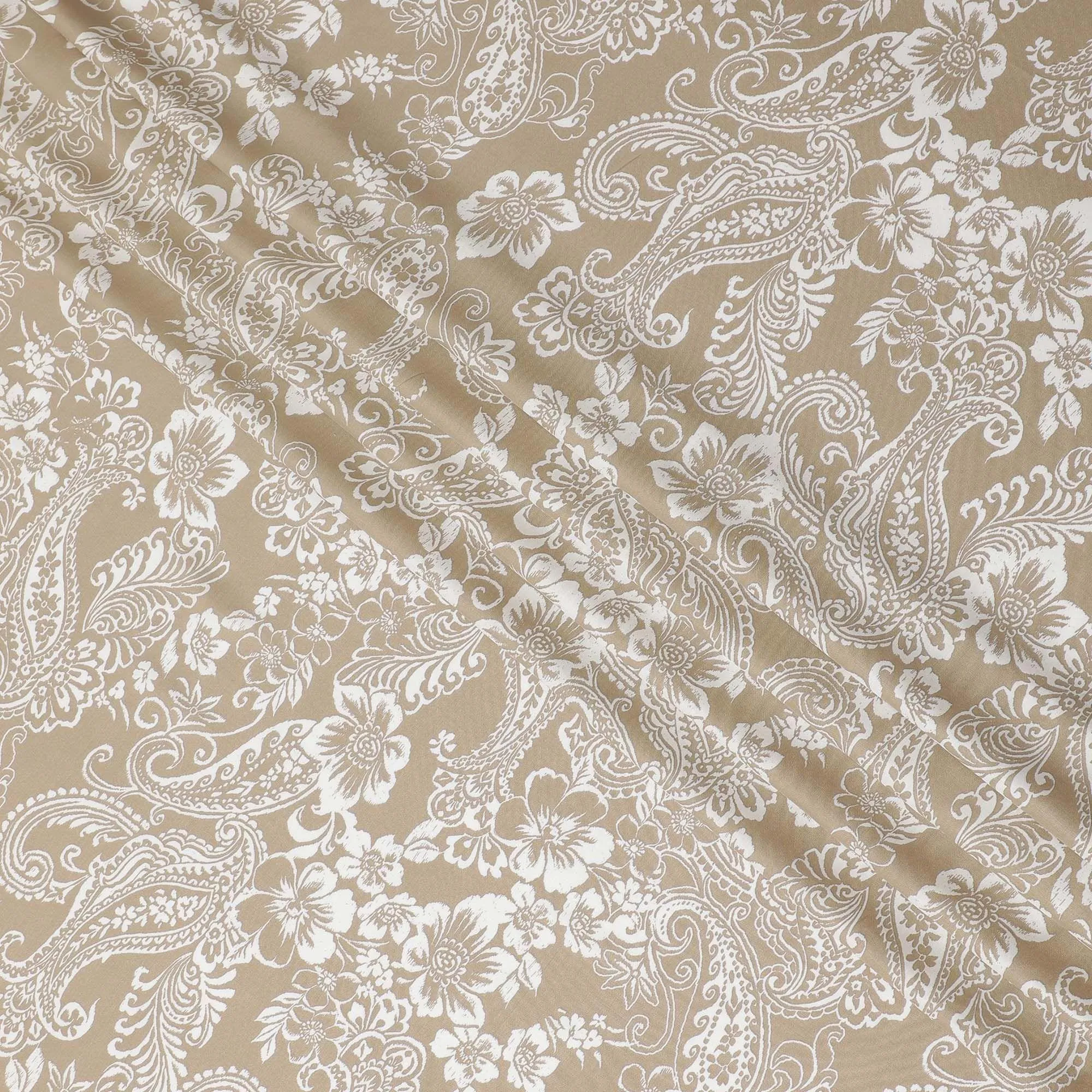 Beige premium Italian viscose fabric with off white print in fancy design-D12535