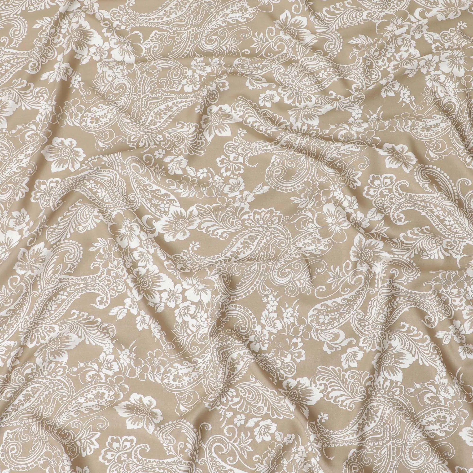 Beige premium Italian viscose fabric with off white print in fancy design-D12535